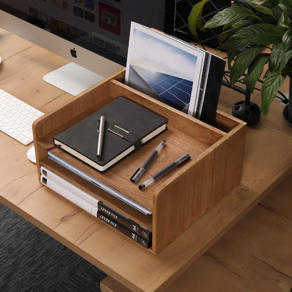 3 Tier Wooden Desktop Letter Tray - Office Desk Organizer with File Folder Holder | Paper Document Mail Sorter for Workspace, Counter & Bookshelf Storage | Perfect for Home Office, School & Professional Workspaces