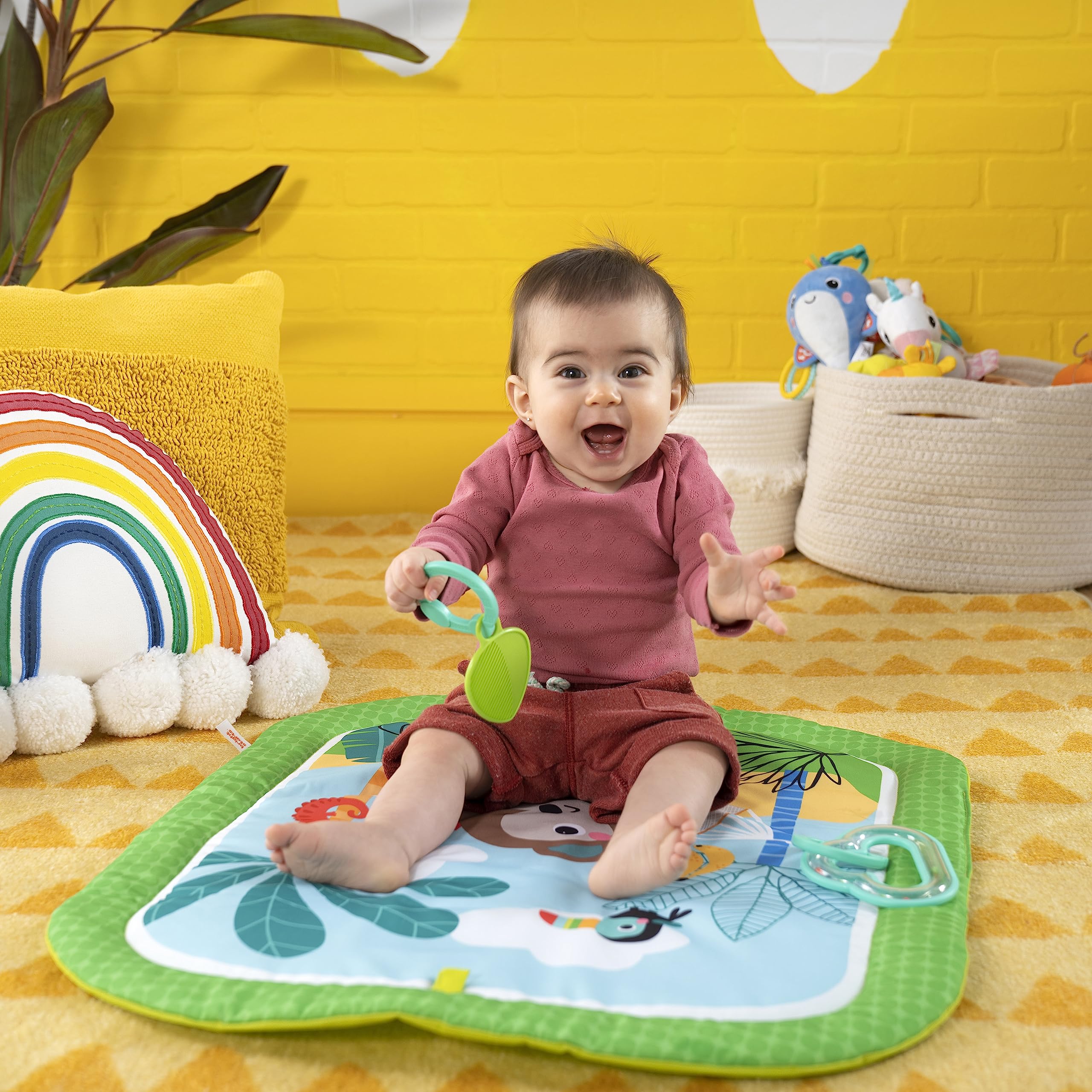 Bright Starts Easy Breezy Baby Tummy Time Activity Mat with 2 Detachable Toys | Compact & Machine Washable Playmat for Newborns & Infants | Perfect for Floor Play, Sensory Development & Early Learning