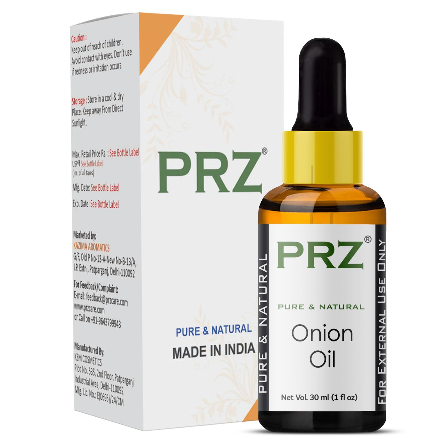 PRZ Cold Pressed Onion Oil - Pure Natural for Skin & Hair Care, 30ml - Aromatherapy & Massage