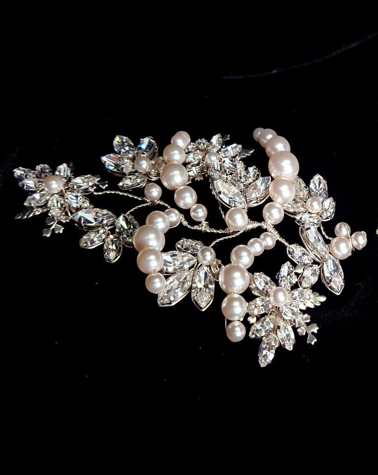 Elegant Bridal Headpiece with Crystal Navette Leaves & Flowers – Statement Pony Vine Hair Accessory by Kezani | Perfect for Weddings, Bridal Showers & Special Occasions