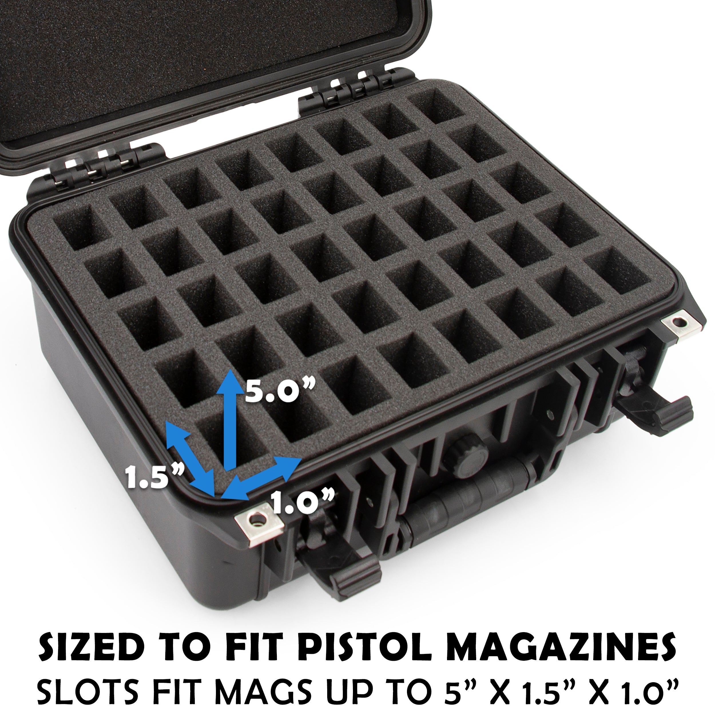 CASEMATIX 40 Pistol Magazine Storage Case - TSA Approved Waterproof Gun Magazine Holder for 40 9mm Magazines with Easy Tear Foam Tabs | Range Bag, Travel & Home Storage Solution