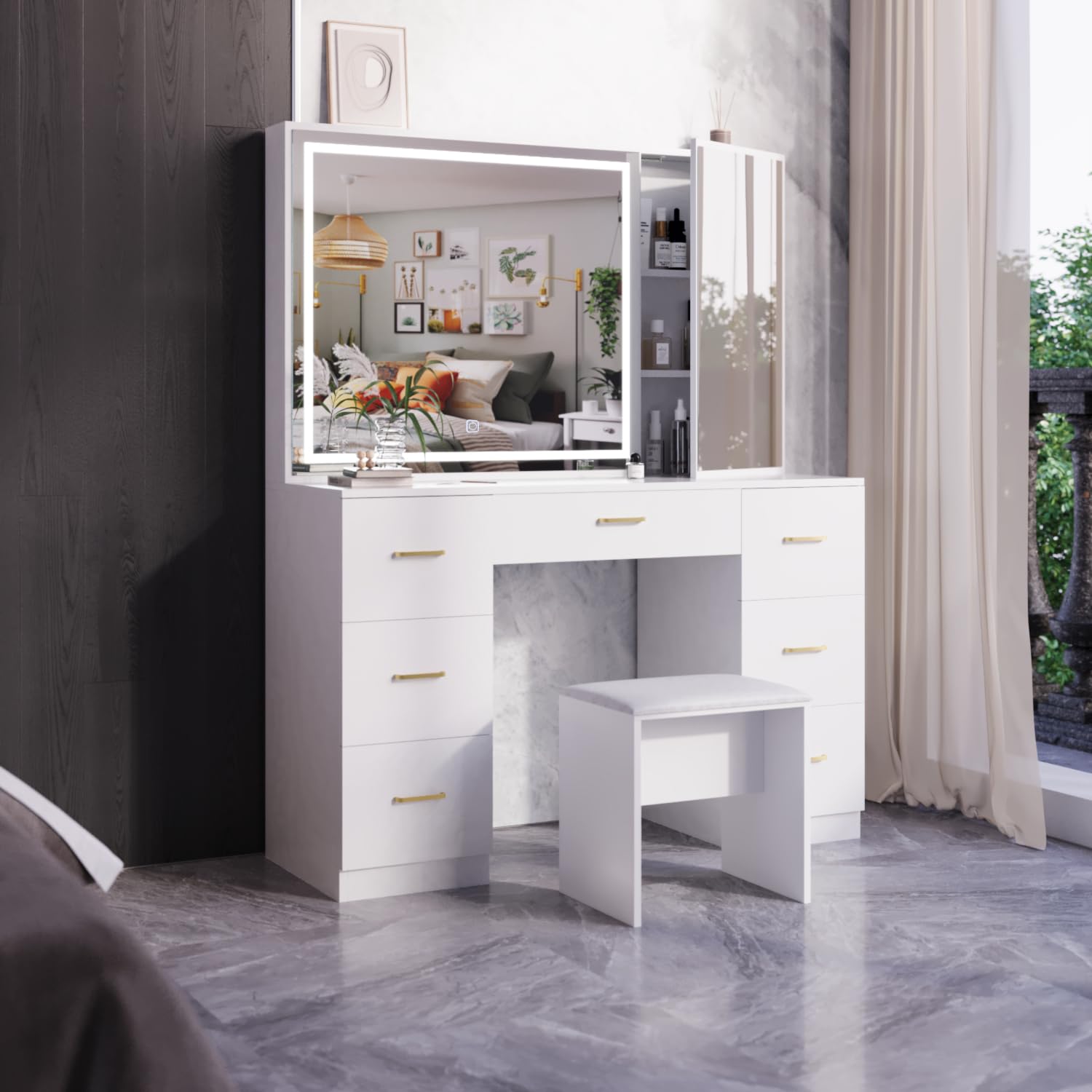 Large Lighted Vanity Desk with Stool - 7-Drawer Makeup Vanity Set with Adjustable Brightness Mirror, White Bedroom Furniture for Women | Perfect for Dressing Room, Bedroom Decor & Makeup Organization