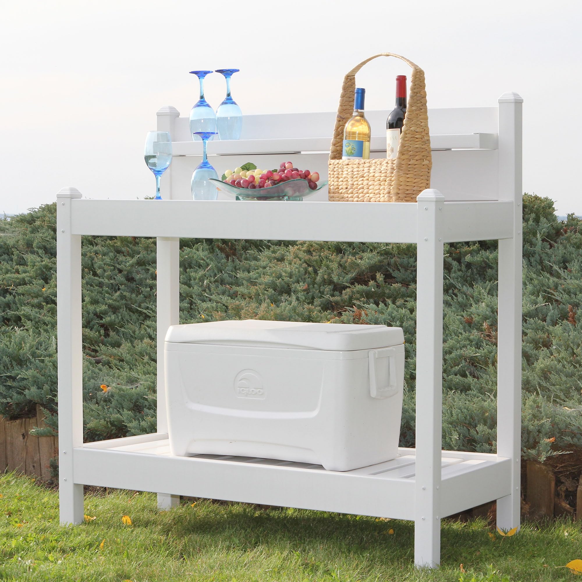 Durable PVC Vinyl Indoor/Outdoor Potting Bench with Shelf - White - Perfect for Gardening, Plant Care & Storage of Tools & Accessories - Ideal for Patio, Greenhouse & Backyard Use
