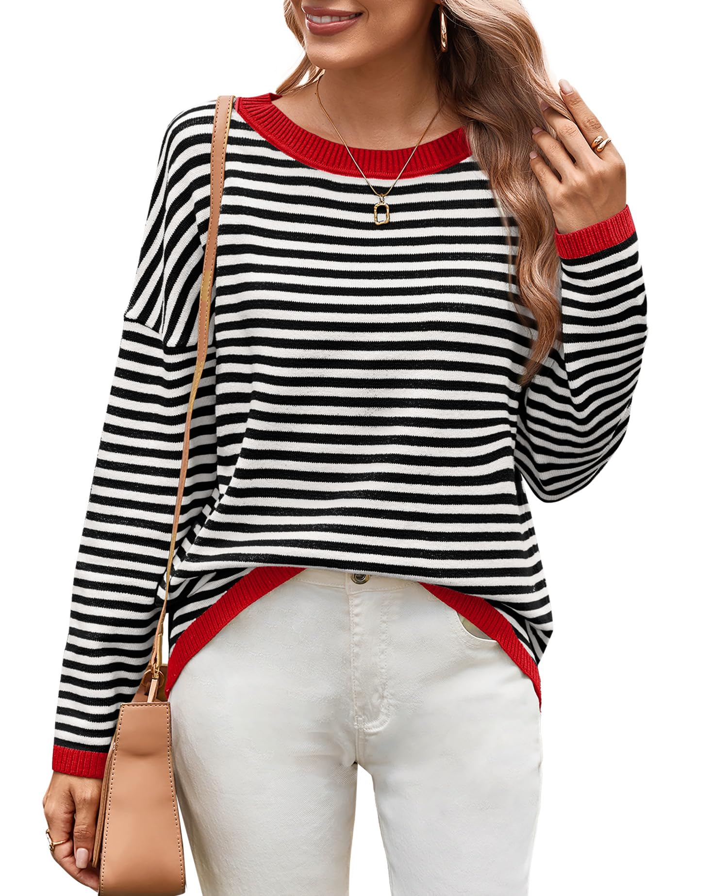 WIHOLL Women's Striped Long Sleeve Sweater - Round Neck Casual & Dressy Knit Top for Work, Date Night & Fall Layering