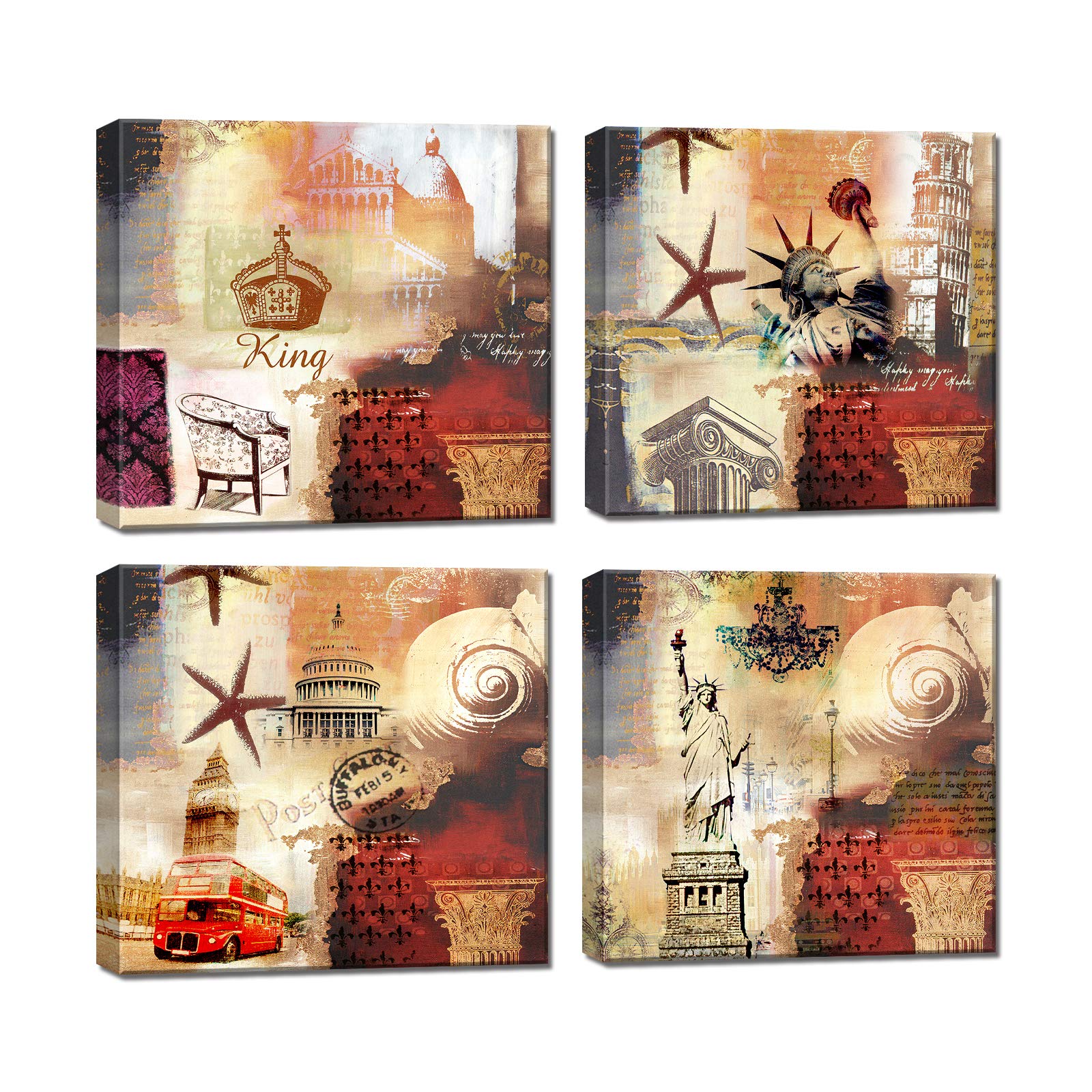 Vintage Abstract Canvas Wall Art Prints - Set of 4 Framed City Landmark Paintings, Ready to Hang Home Decor for Living Room, Bedroom, Kitchen, Bathroom & Office | Perfect for Modern Interior Design & Housewarming Gifts