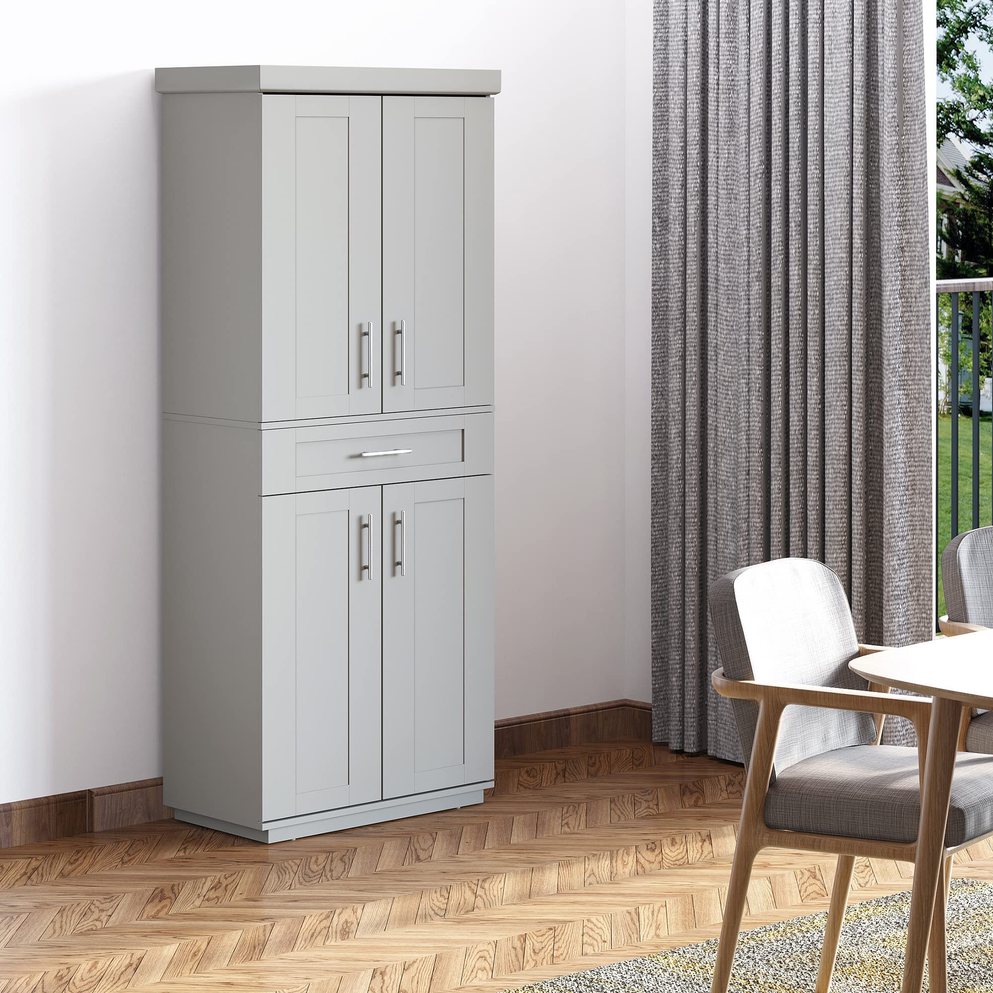 HOMCOM 72 Inch Freestanding Kitchen Pantry Cabinet with 4 Doors, Drawer & 3 Adjustable Shelves - Tall Storage Organizer for Dining Room, Living Room, Kitchen - Modern Gray Cabinet for Home Organization & Space Saving
