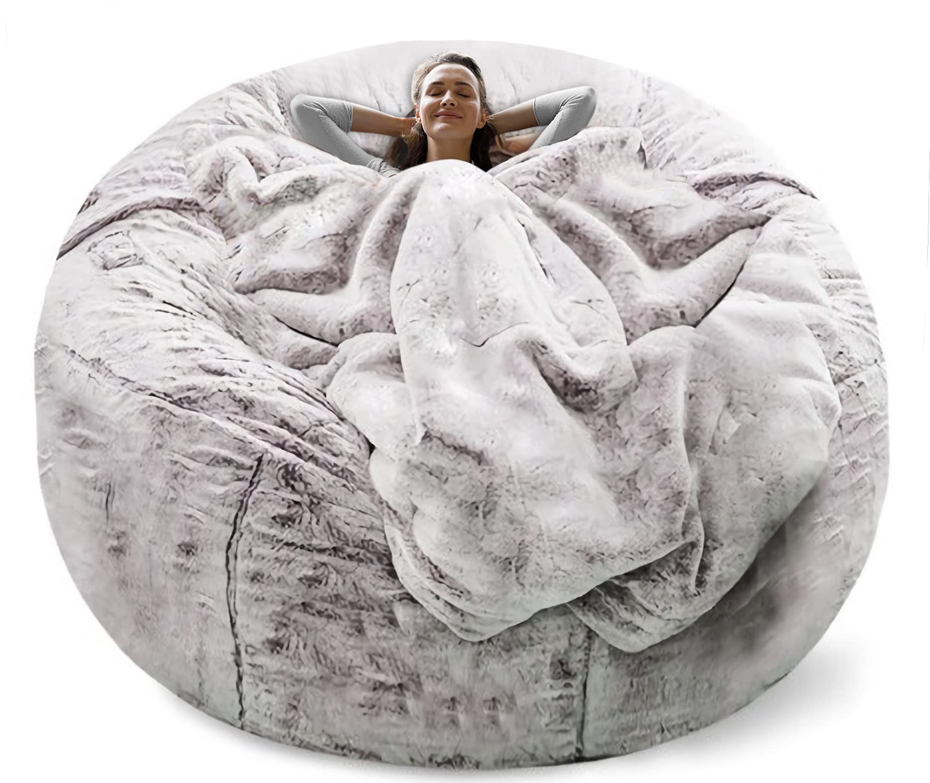 RAINBEAN 6ft Round Bean Bag Chair Cover - Soft Fluffy PV Velvet Sofa Bed Slipcover for Living Room, Lazy Sofa (Snow Coffee Color) | Cozy Home Decor, Kids Playroom, Movie Night Lounging