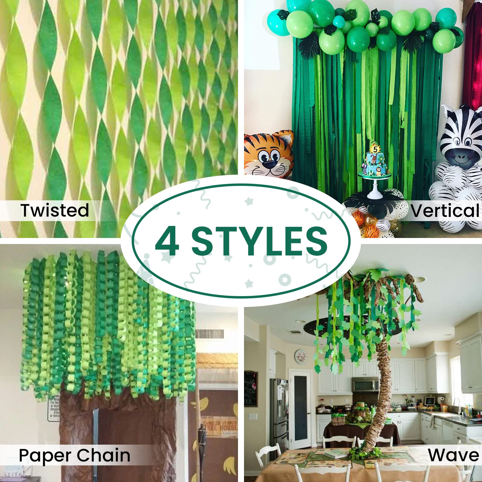 PartyWoo Crepe Paper Streamers - 6 Rolls (492ft) Lime Green, Dark Green, Mint Green & Gold - 1.8