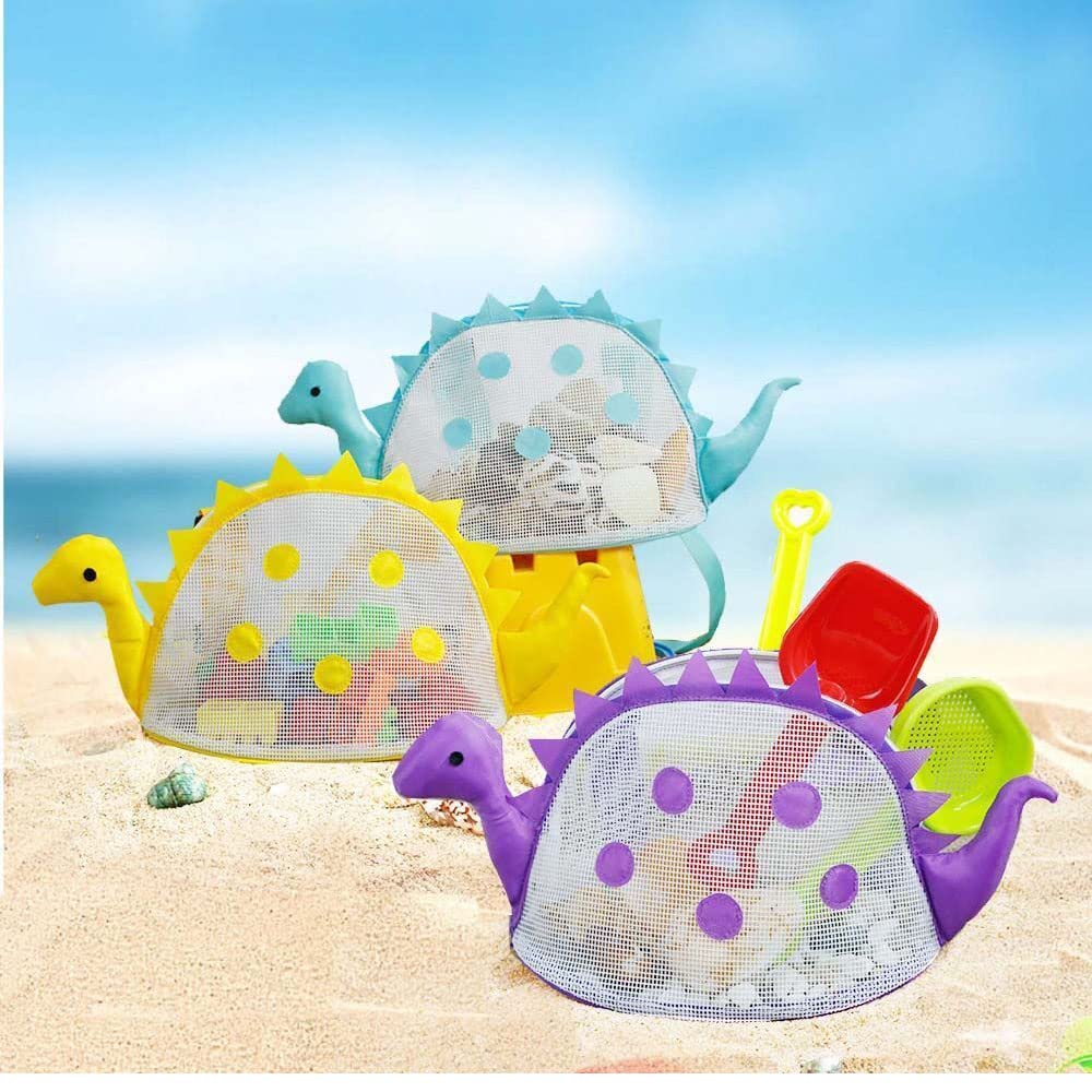 Durable Mesh Beach Toy Bag for Kids - Dinosaur Shell & Sand Toy Tote with Large Capacity | Perfect for Beach Trips, Sandcastle Building & Shell Collecting