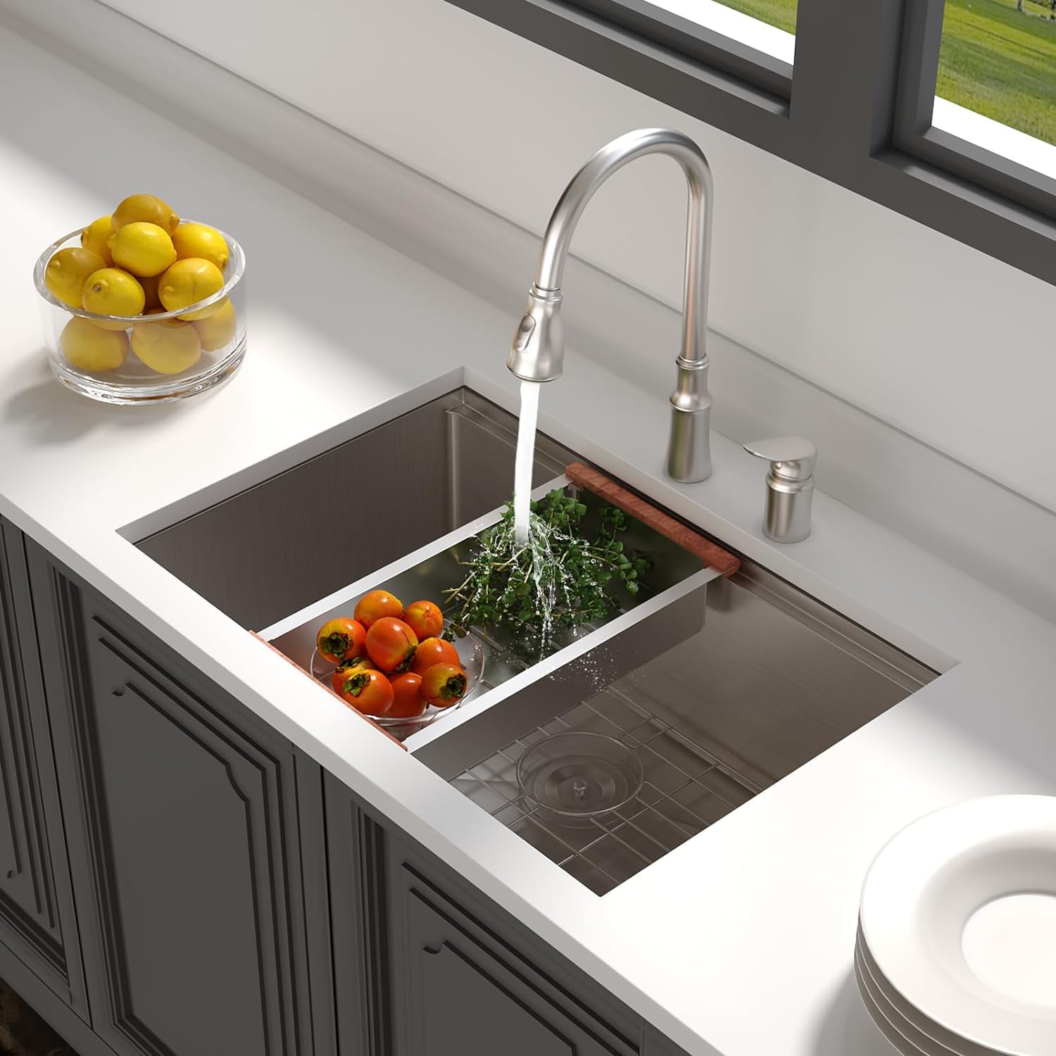 Lordear 28-Inch Undermount Kitchen Sink - 16 Gauge 304 Stainless Steel Single Bowl Workstation Sink with Drainboard - Heavy Duty Under Counter Sink for Modern Kitchens & Restaurant Prep Areas