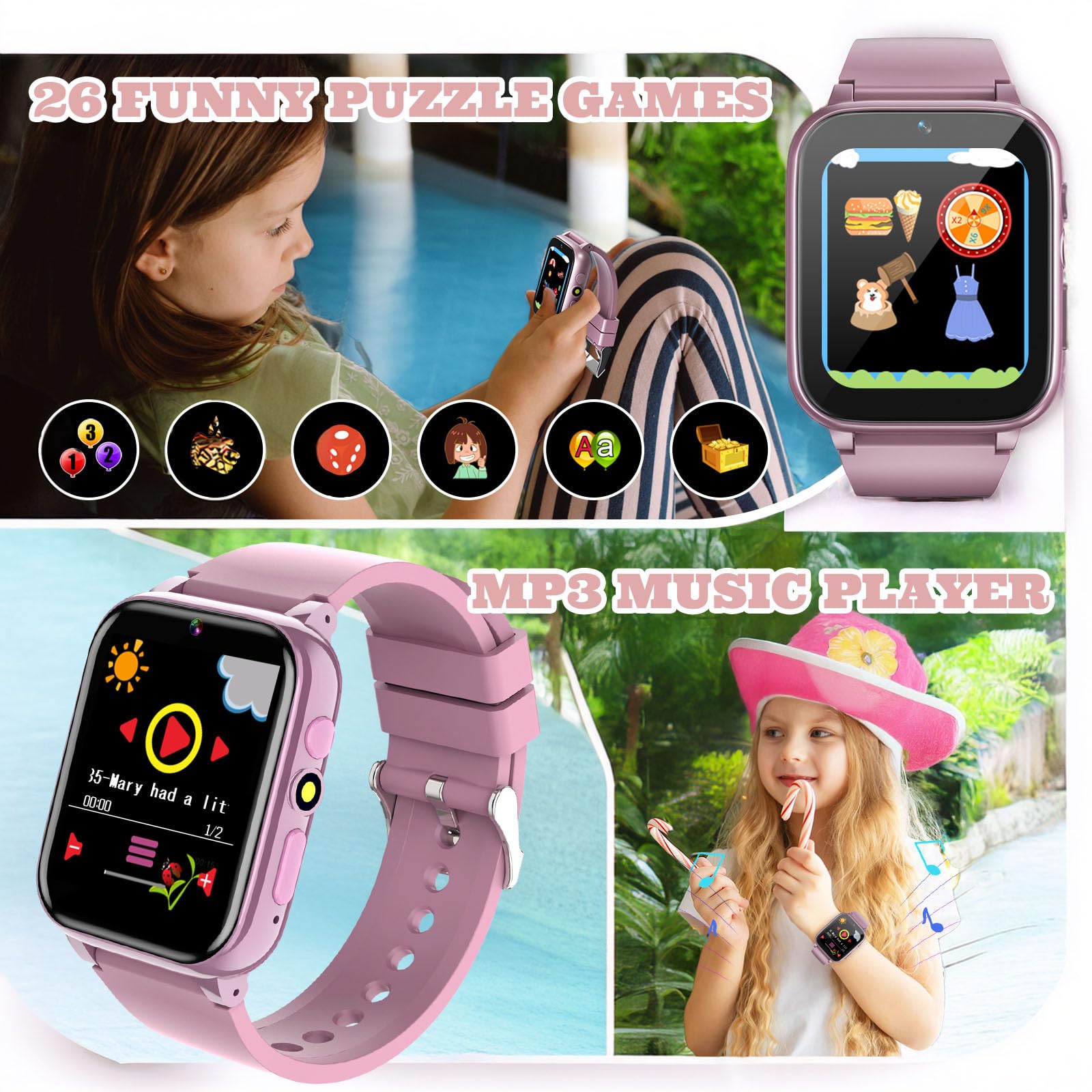 1.69'' Kids Smart Watch for Boys & Girls Ages 4-12 - Pedometer, 26 Puzzle Games, Camera, Video Player, Music Player, Flashlight & Alarm Clock - Perfect Birthday Gift (Pink) | Ideal for Outdoor Play, School Activities & Daily Tracking