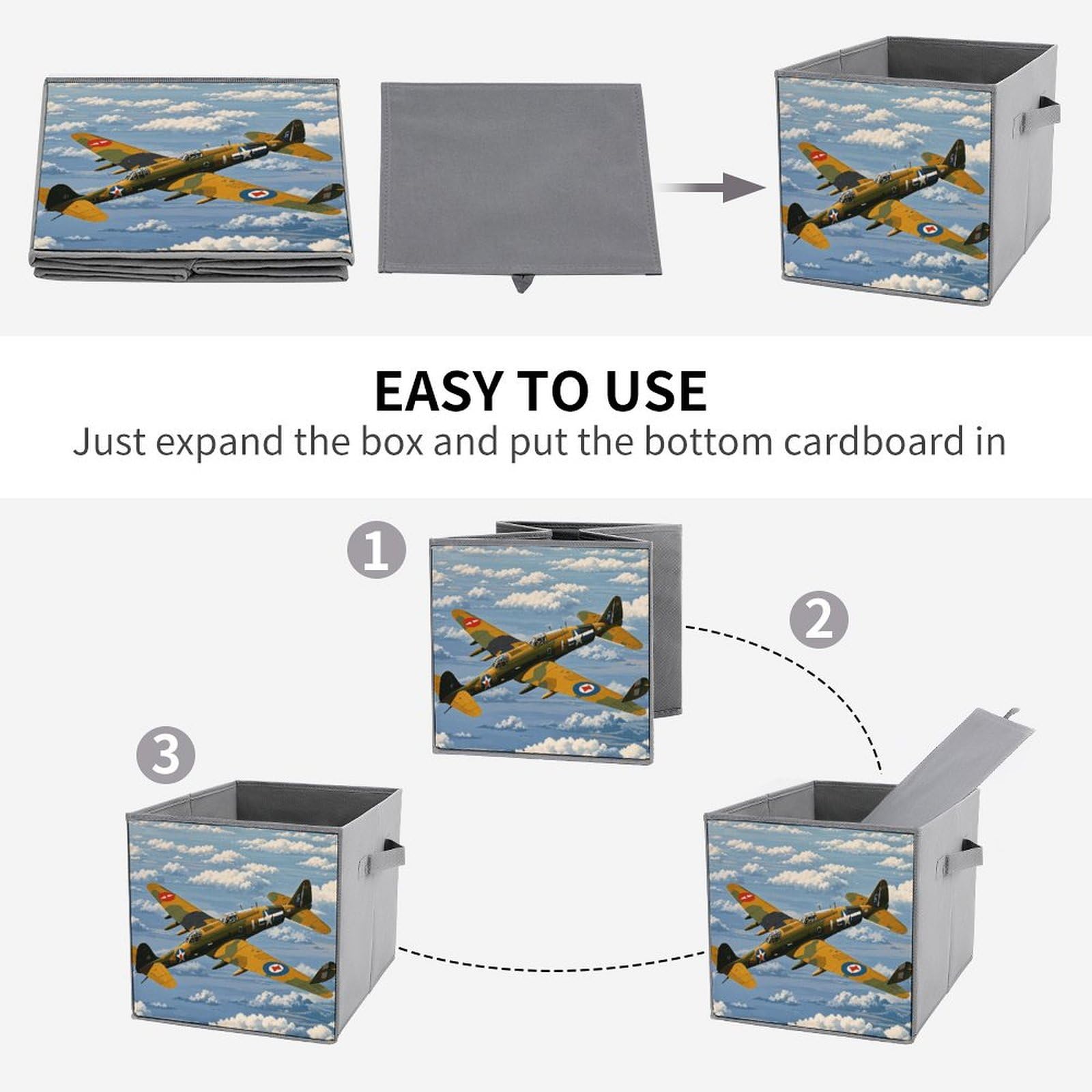 6-Piece Collapsible Storage Bins with Handles - WWII Aircraft Printed Foldable Organizing Boxes for Home, Closet & Shelf Storage | Multi-Purpose Collapsible Baskets for Bedroom, Bathroom & Office Organization