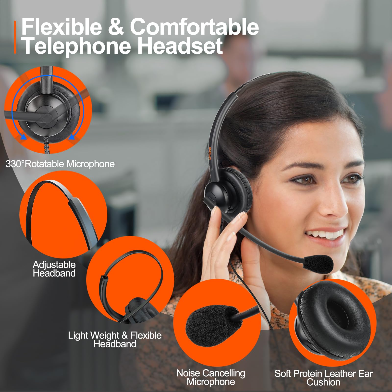 Noise Canceling Office Headset with 2.5mm Connector for Cisco SPA & Polycom Phones - Compatible with Smartphones & Laptops via 3.5mm Adapter - Perfect for Remote Work, Call Centers & Home Office Communication