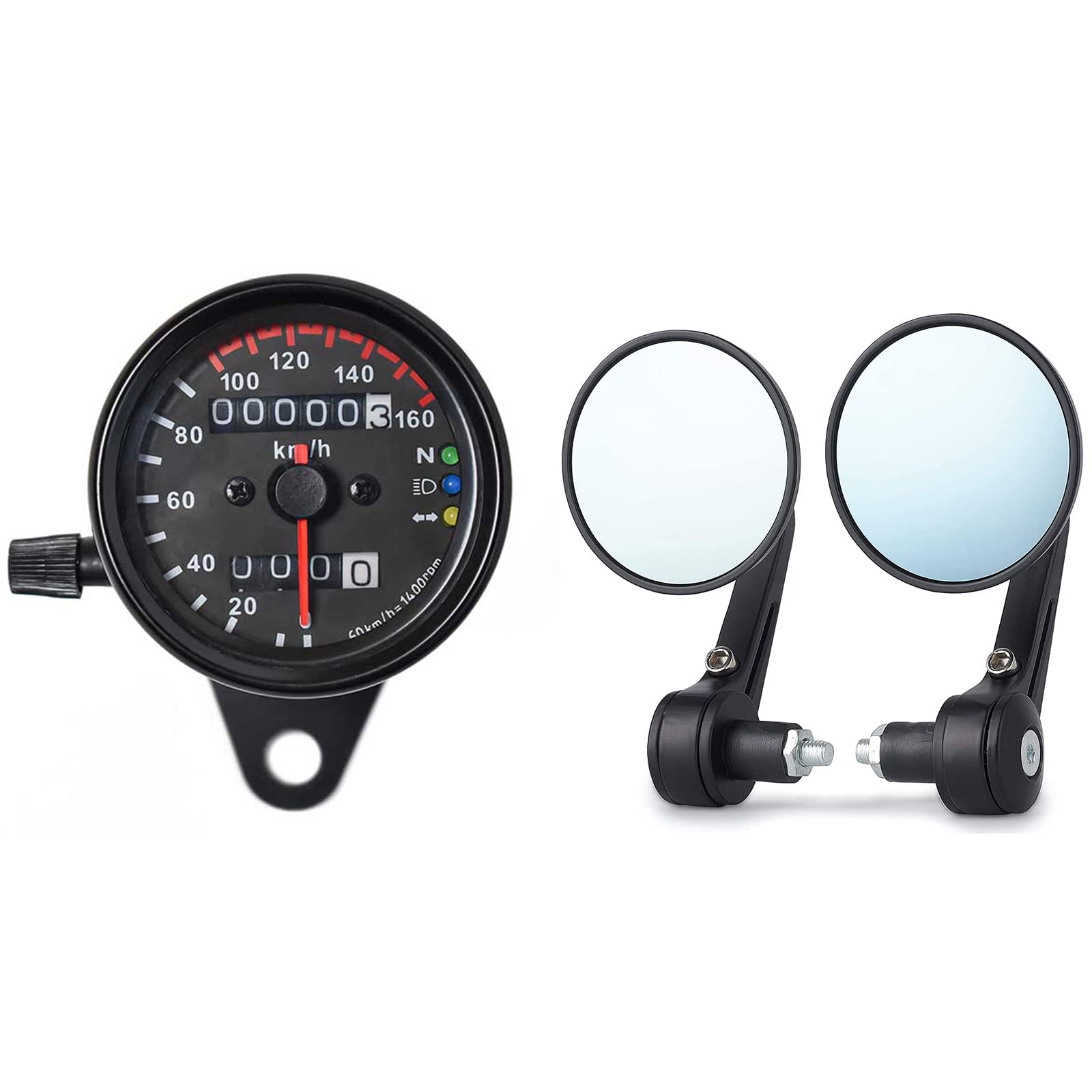 Cafe Racer Speedometer & Odometer Gauge with Handlebar Mirror for Motorcycles - Black, Vintage Style