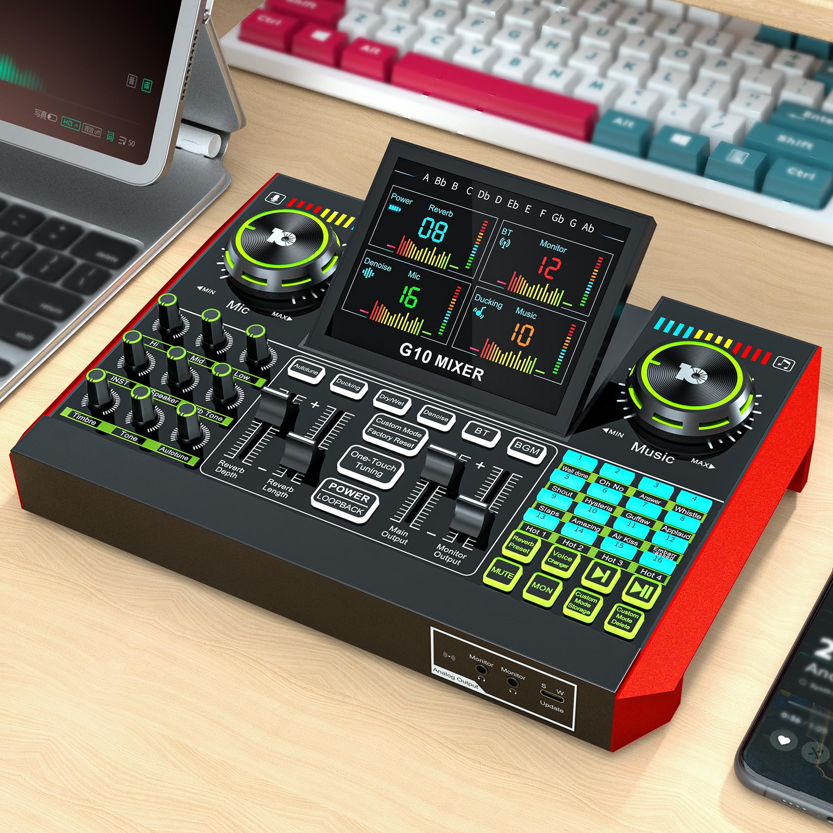 Professional Audio Mixer for PC & Phone - Live Streaming, Gaming, Singing - Compatible with 3.5mm/XLR Dynamic & 48V Microphones - DJ Mixer Effects, Voice Changer, Denoise & One-Click Mute - Perfect for Podcasting, YouTube Streaming & Home Studio Recording