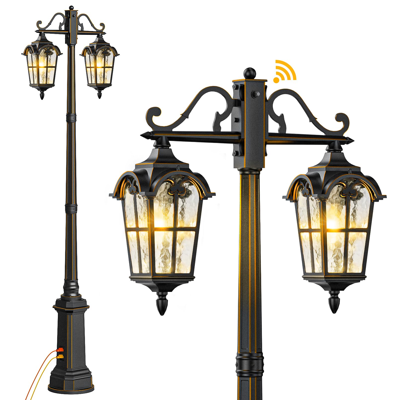Outdoor Lamp Post Lights with GFCI Outlet - Dusk to Dawn Double Head Street Light Fixture - Black Aluminum Exterior Pole Lights - Waterproof Outdoor Lighting for Garden, Patio, Pathway, Driveway - Perfect for Landscape, Backyard, and Security Lighting