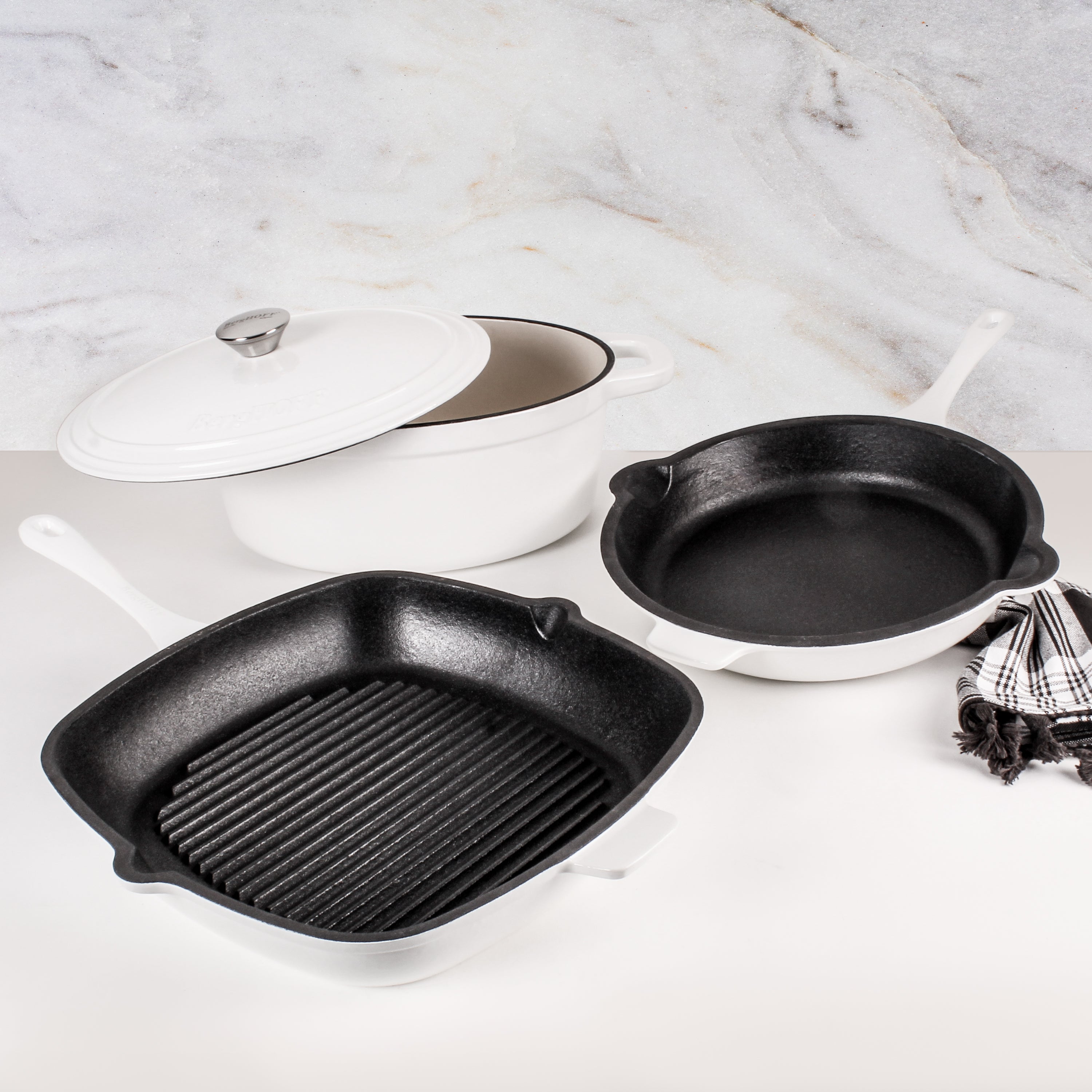 BergHOFF Neo 10-Piece Cast Iron Cookware Set in White | Durable Enameled Dutch Oven & Skillets | Perfect for Stovetop, Oven & Camping Cooking