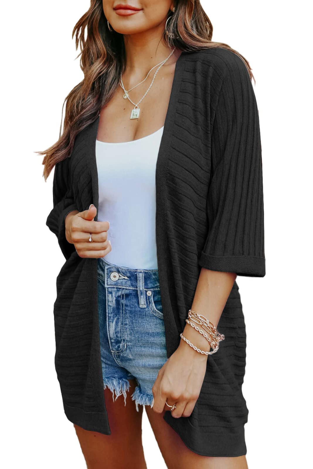 Women's Lightweight 3/4 Sleeve Open Front Cardigan Sweater - Casual Oversized Knit Cardigan for Summer - Perfect for Beach Cover-Up, Office Wear & Lounge Outfits
