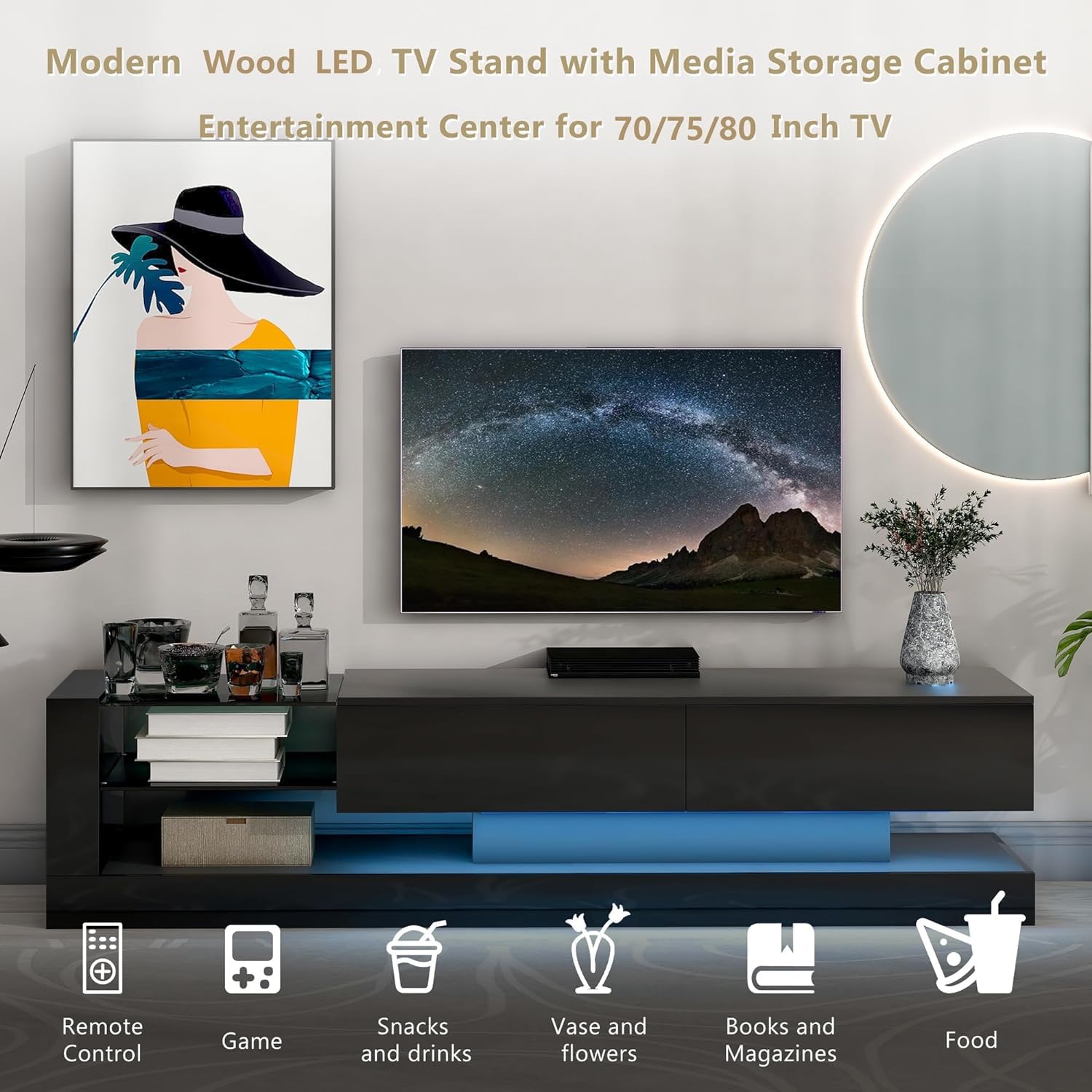 BAMACARED 70 Inch TV Stand for 70-90 Inch TVs, Modern LED TV Stand with Storage & Lights - Entertainment Center for Living Room, Bedroom & Home Theater