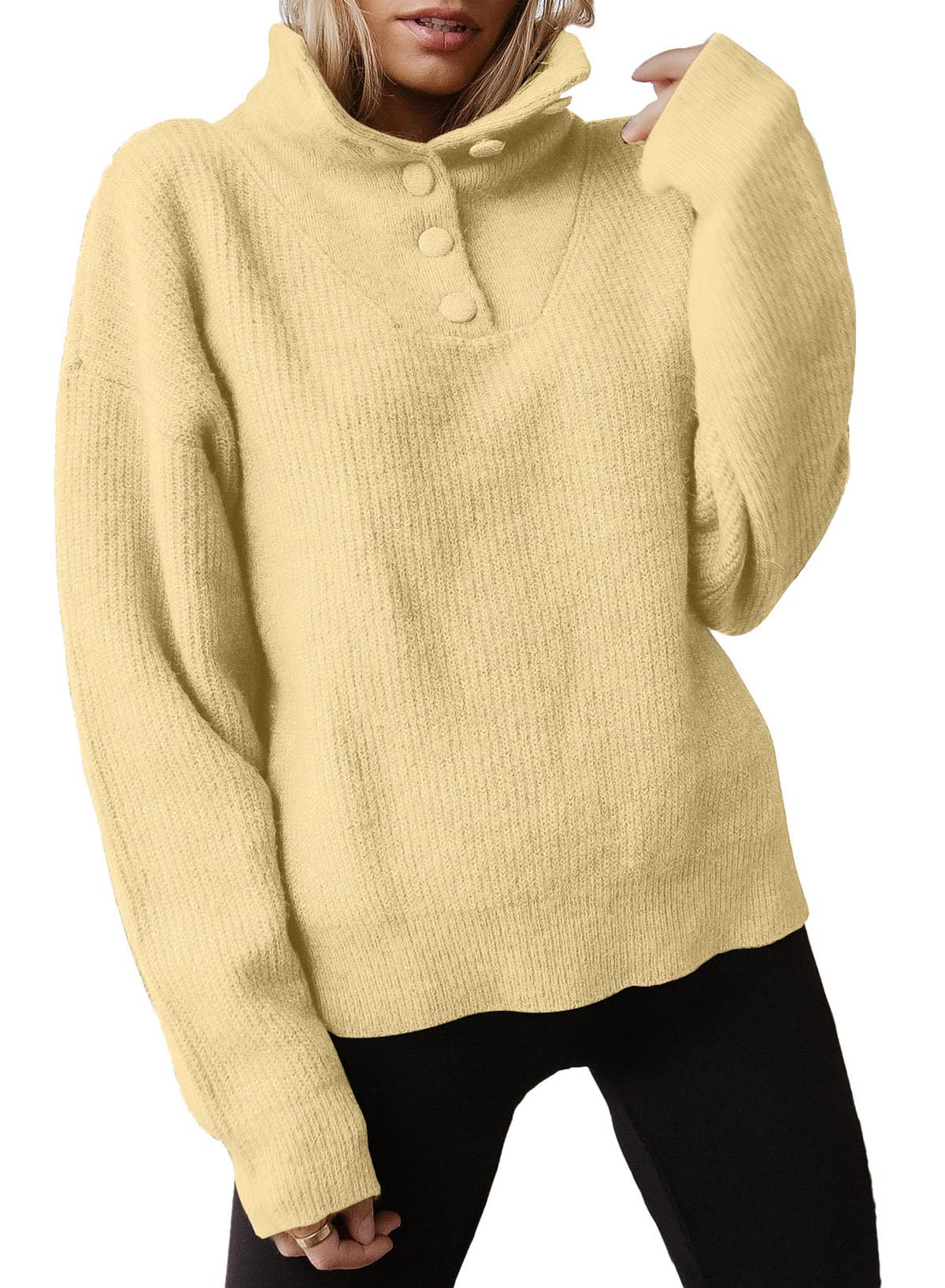 Dokotoo Women's 2022 Ribbed Pullover Sweater with Polo Buttons Collar - Long Sleeve Knit Top for Work, Office & Casual Outfits