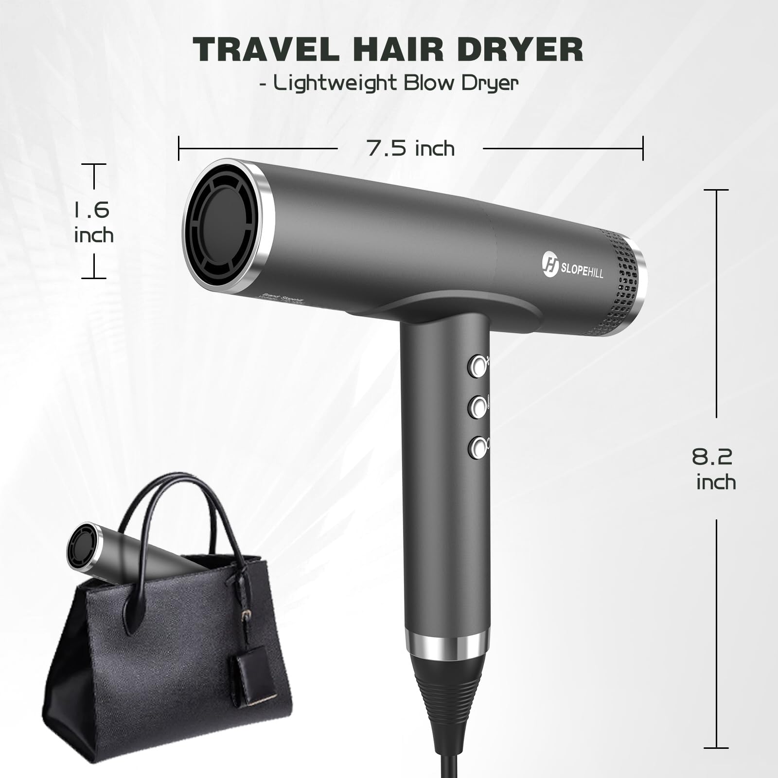 Slopehill Professional Ionic Hair Dryer with Diffuser - Lightweight Compact Salon Blow Dryer with High Speed Brushless Motor - Fast Drying for Women & Men (Ceramic, Dark) - Perfect for Travel, Home & Salon Use