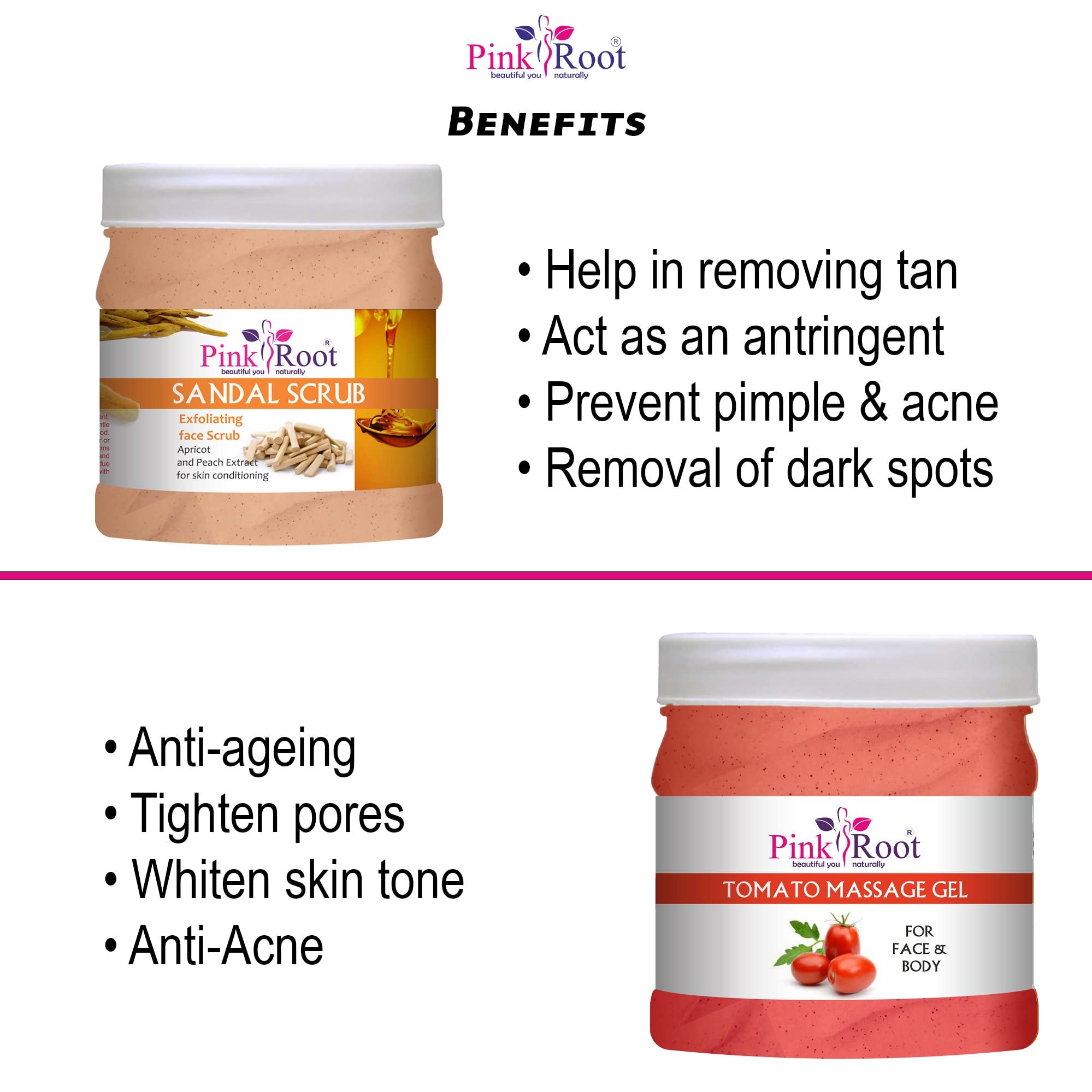 Pink Root Tomato Massage Gel & Sandal Scrub Set - 500ml Each - Natural Skin Care for Exfoliation & Relaxation - Perfect for Spa, Home Massage & Body Treatment