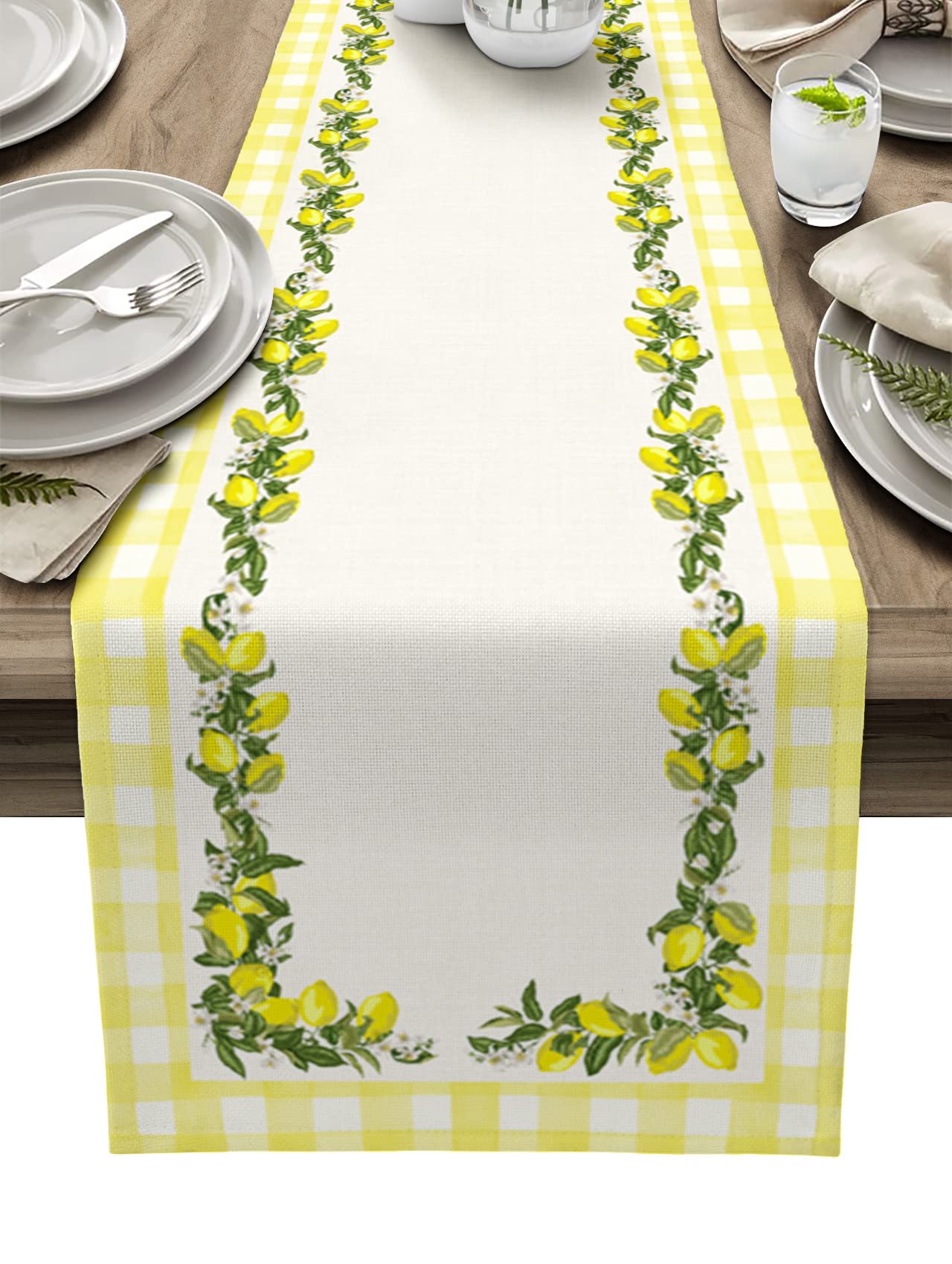 Farmhouse Table Runner - Cotton Linen Dining Table Decor for Holiday Parties, Summer Gatherings - Lemon Yellow White Buffalo Plaid Check - 14 x 72 Inch - Perfect for Farmhouse Style Dining Room, Kitchen Decor, and Seasonal Events