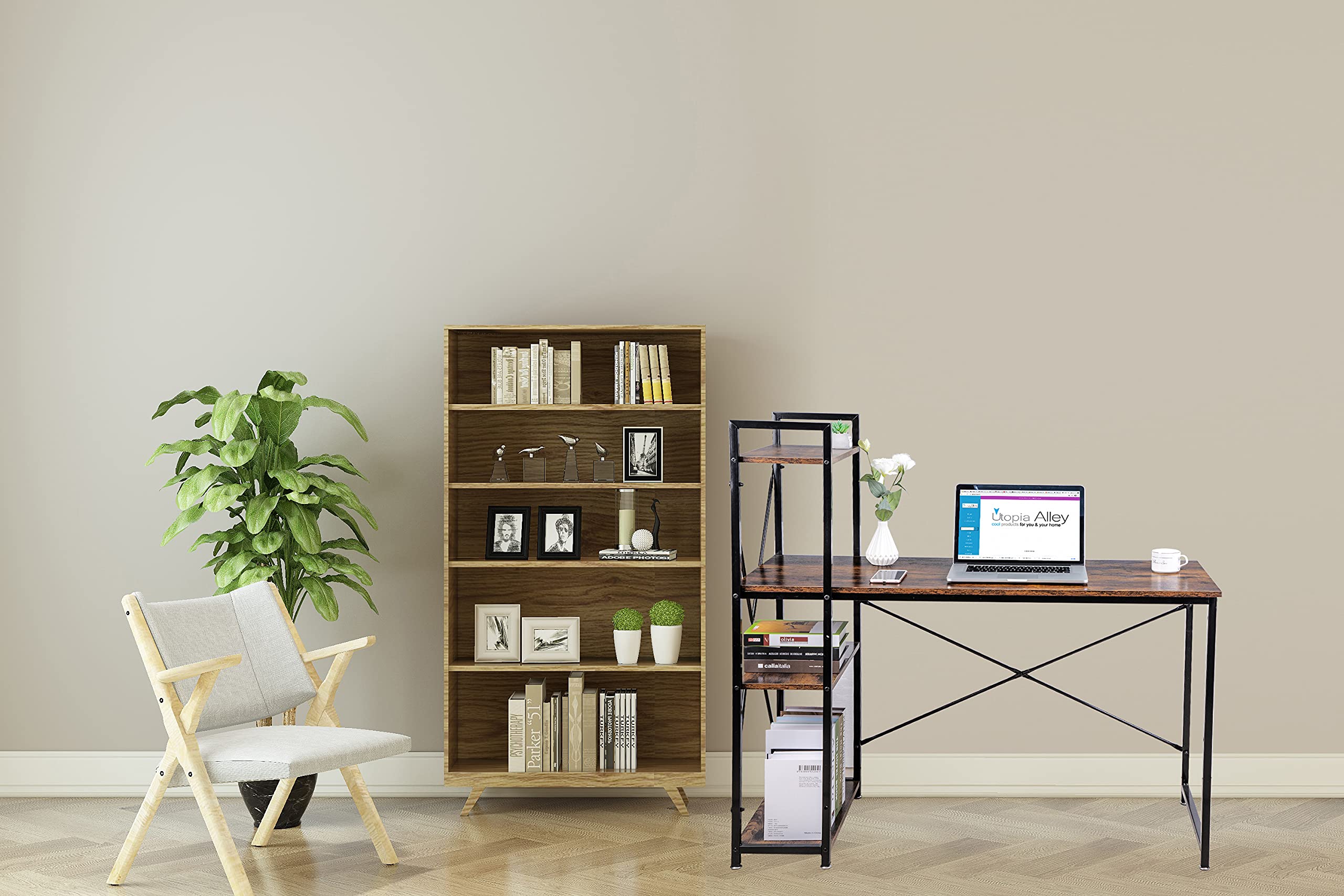 47-inch Black Metal Computer Desk with 4-Tier Storage Shelves - Rustic Brown Corner Study Desk for Home Office, Gaming & Workspace - Utopia Alley Ergonomic Writing Table with Bookshelves