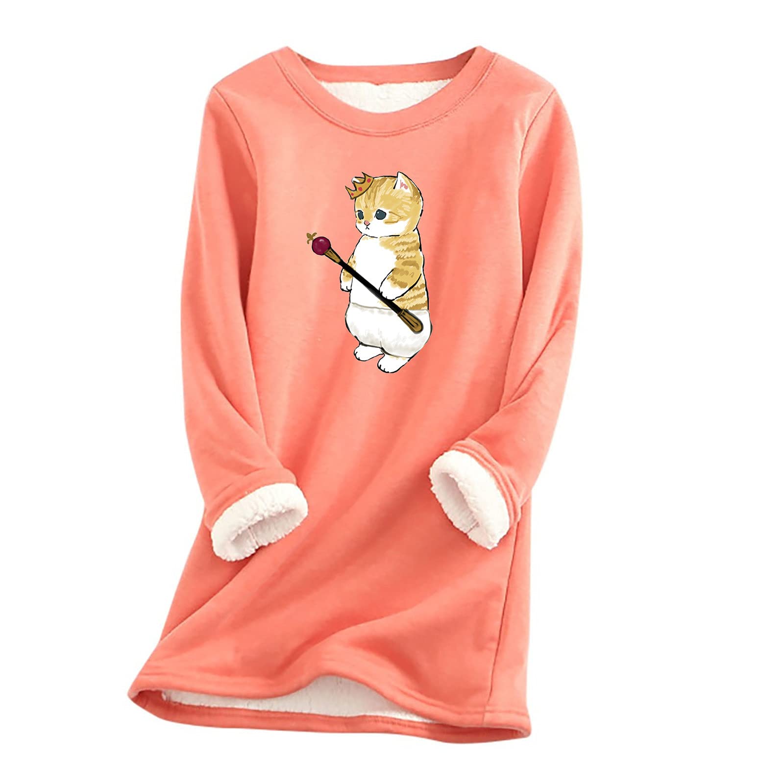 Women's Long Sleeve Casual T-Shirt Dress with Cute Cat Print - Crew Neck Loungewear Nightgown for Fall - Cozy Fleece Sleepwear & Nightdress for Home Relaxing, Sleeping and Casual Outings