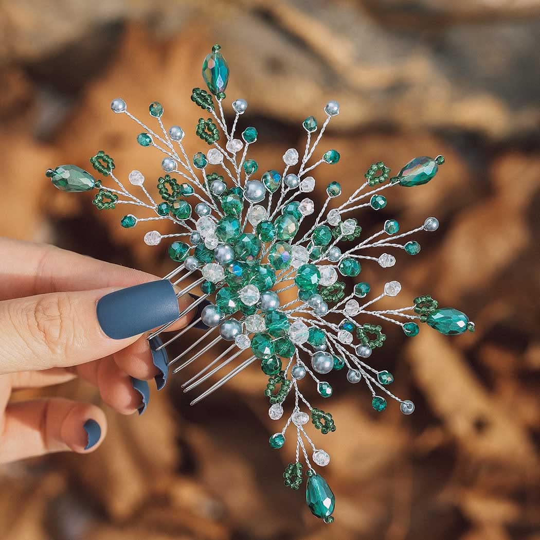 Elegant IYOU Bridal Wedding Hair Comb with Green Rhinestones & Beads - Princess Bridesmaid Hair Accessory for Women | Perfect for Weddings, Proms & Special Occasions