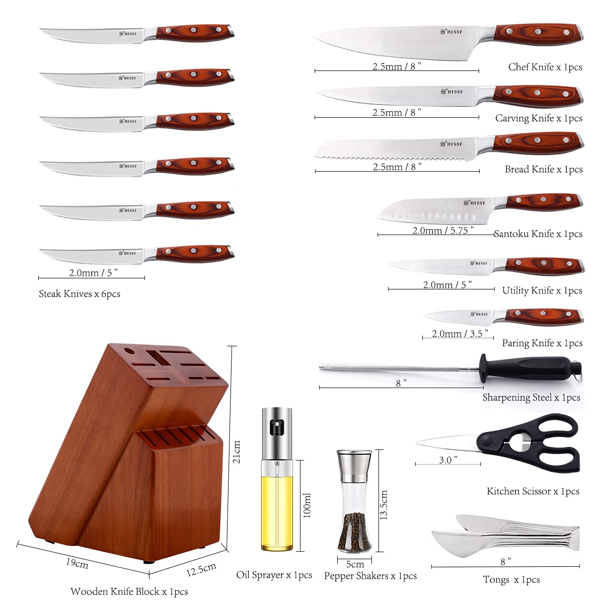 18-Piece German High Carbon Stainless Steel Kitchen Knife Set with Wooden Block - Full Tang Triple Rivet Chef Knives for Professional Cooking & Home Use - Perfect Gift for Chefs & Cooking Enthusiasts
