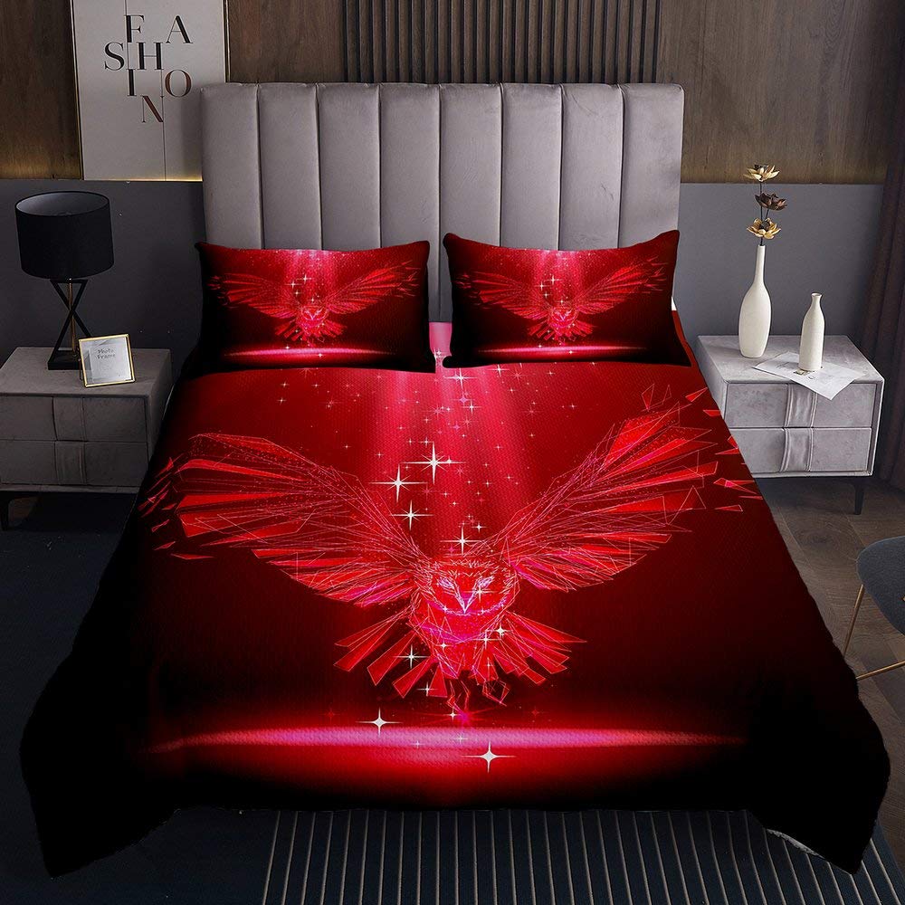 Red Owl Bird Bedding Set - King Size Microfiber Comforter Cover with 2 Pillow Shams | Soft Animal Theme Quilt Set for Adults & Teens | Perfect for Cozy Bedrooms, Dorm Rooms & Owl-Themed Decor