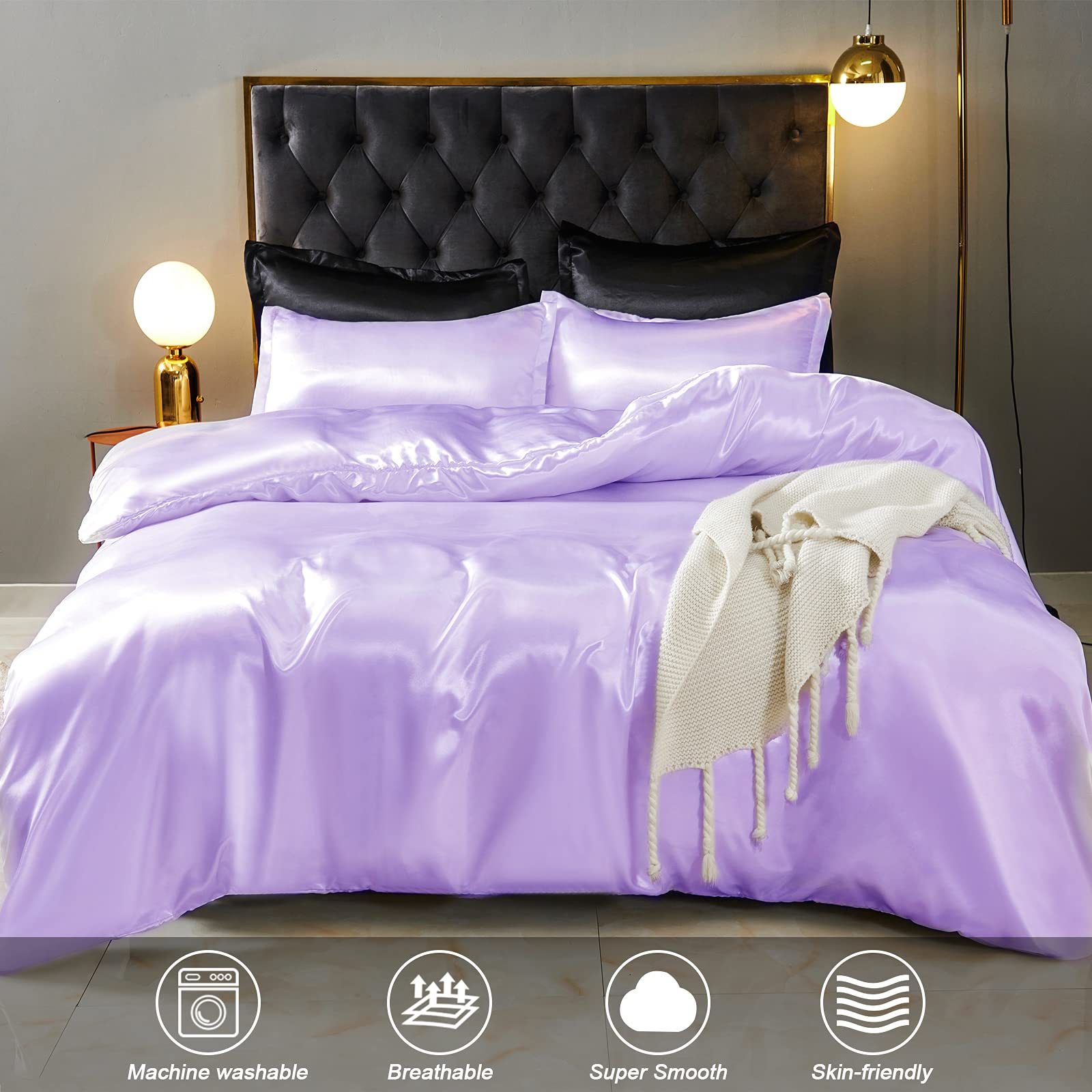 HOdo Home Satin Duvet Cover Queen Size - 3 Piece Silk-Like Comforter Cover Set, Ultra Soft & Breathable Bedding with Zipper Closure & Corner Ties - Perfect for Luxury Bedrooms, Guest Rooms, and Hotel Style Decor