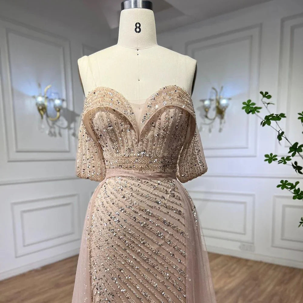 Elegant Nude Mermaid Evening Dress with Overskirt & Beaded Off-Shoulder Design for Women's Party, Prom & Special Occasions - LA71728
