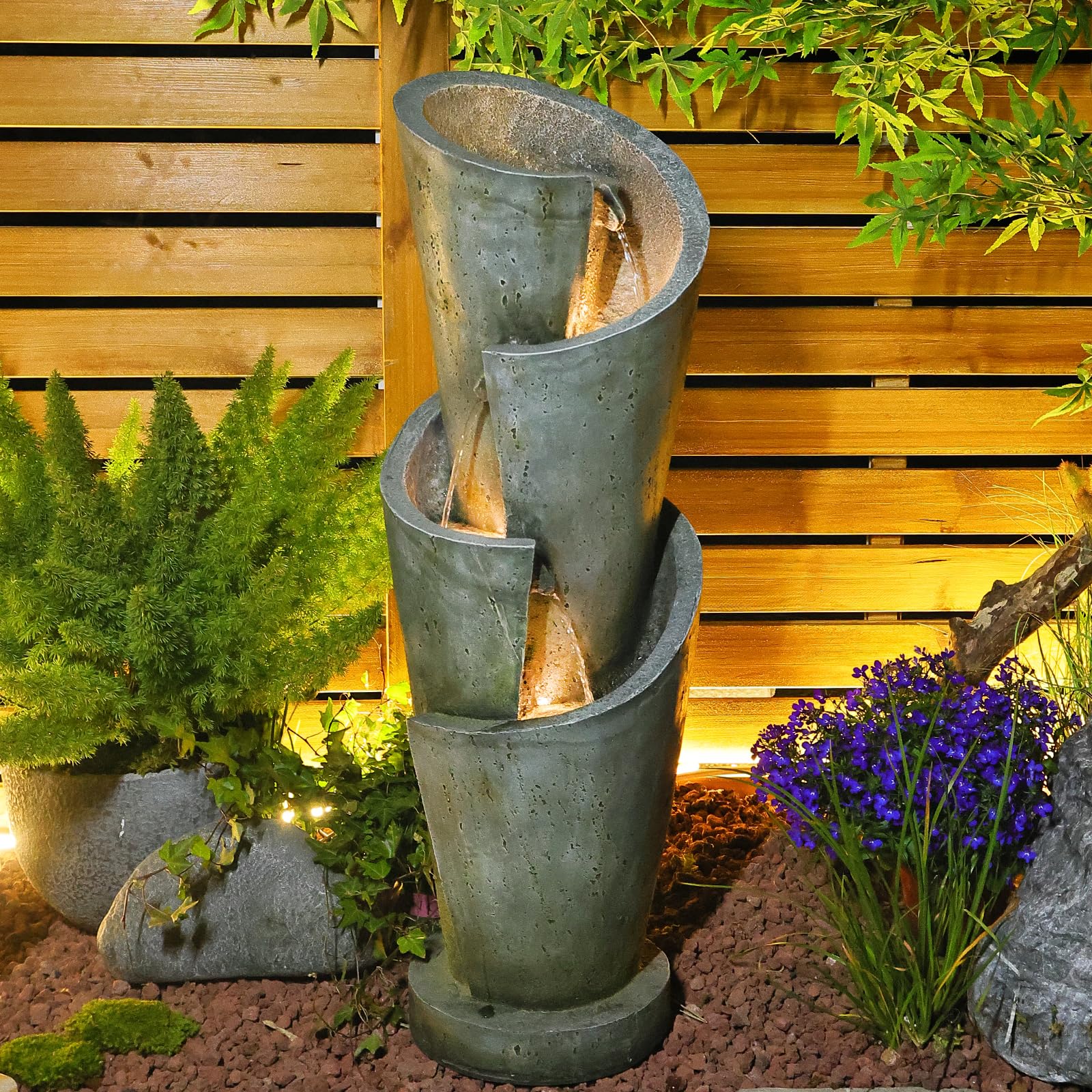Outdoor Garden Water Fountain with LED Lights - 39 Inch Circular Elegance Waterfalls Floor Standing Fountain with Pump for Patio, Yard, Living Room | Perfect for Relaxation & Home Decor