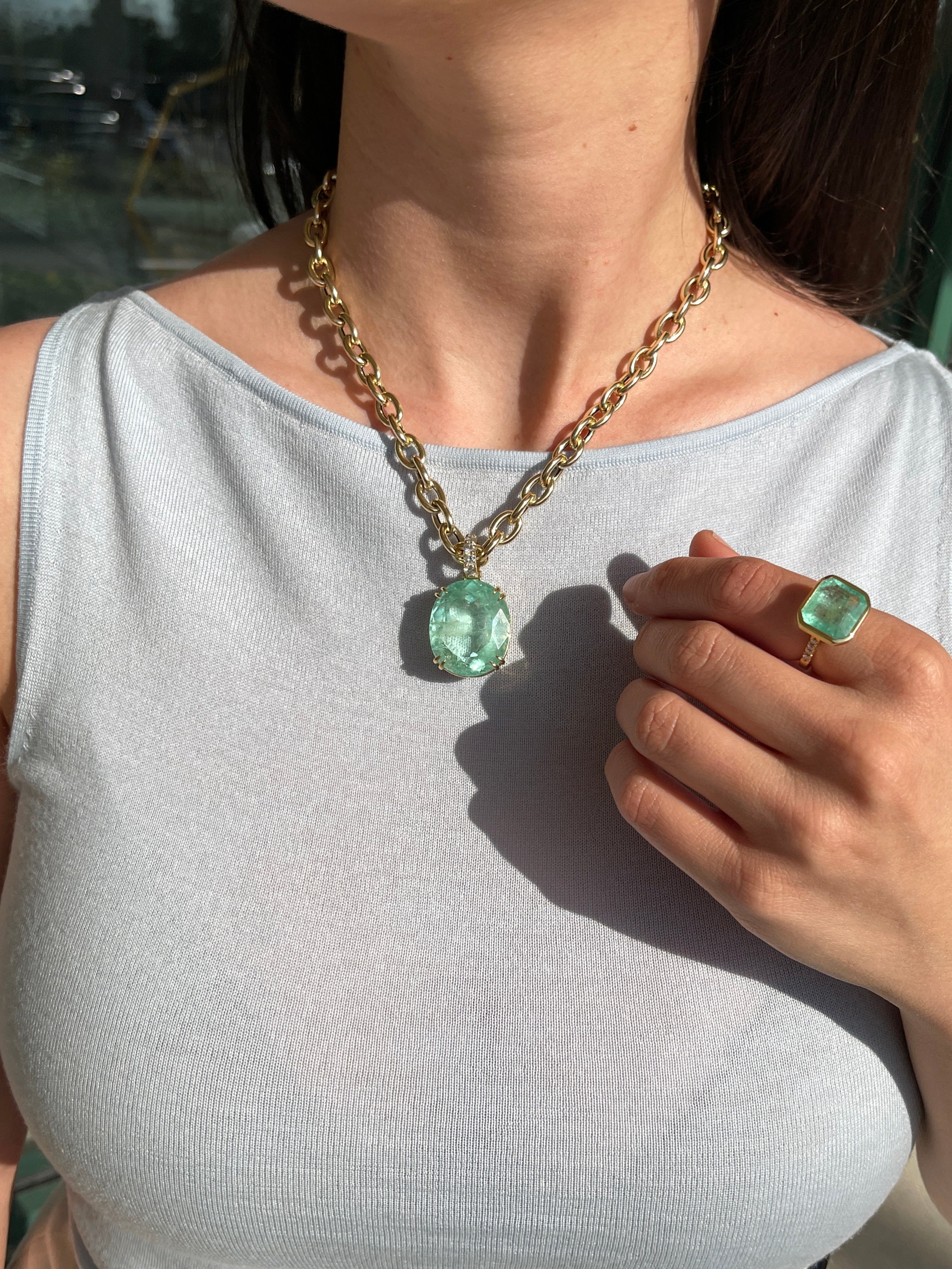 63.14 Carat Genuine Colombian Emerald & Diamond 18K Gold Pendant - Light Green Oval Cut Natural Gemstone Jewelry for Women - Perfect for Weddings, Anniversaries & Special Occasions