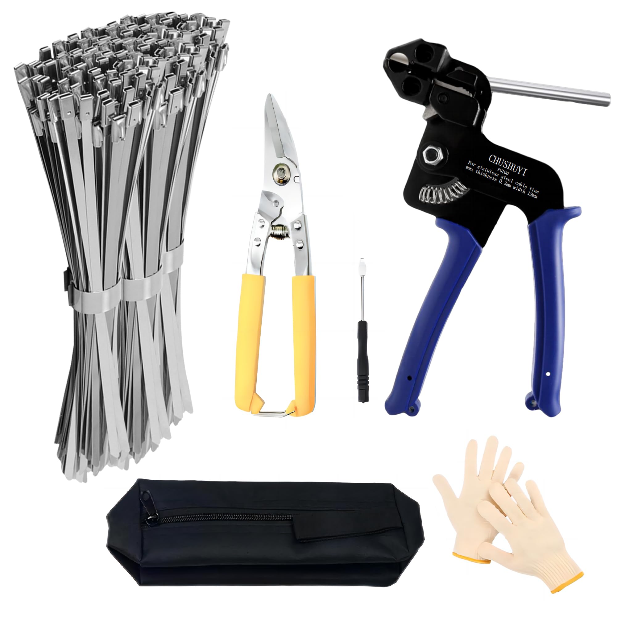 Heavy Duty Stainless Steel Zip Tie Gun Kit - Adjustable Metal Cable Tie Tool with Self-Locking Fastening & Cutting Function - Includes 100pcs CHUSHUYI Steel Zip Ties - Perfect for Outdoor, Industrial, Automotive, and Electrical Wiring Applications