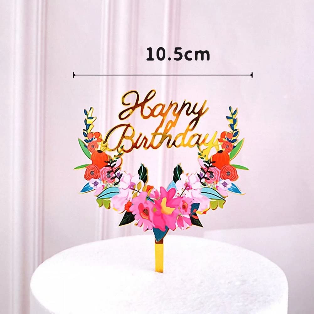 5 Pack Happy Birthday Cake Toppers - Glitter Acrylic Flower Cake Decorations for Birthday Parties, Anniversaries, Baby Showers & Wedding Cakes - Perfect for Dessert Table Decor, Cupcake Toppers & Pastry Display