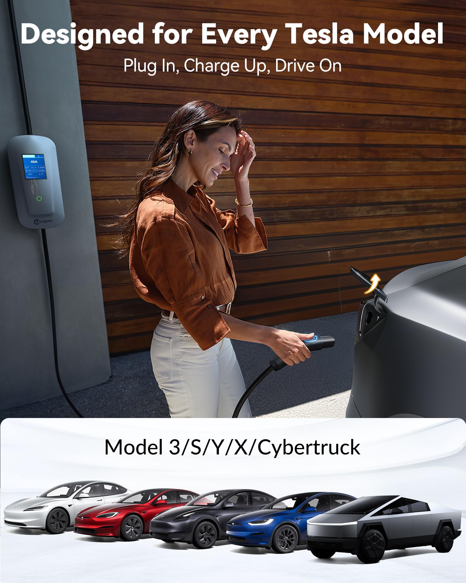 Fast Tesla Level 2 Charger (32Amp, NEMA 14-50P) with 25ft Cable - Adjustable Current, Timed Charging & Big-Screen Friendly | Home & Portable NACS Charger for Tesla Model Y/3/X/S/Cybertruck | Perfect for Home Charging, Road Trips & Daily Commutes