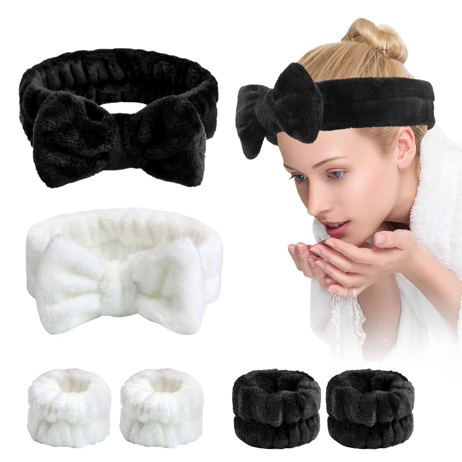 Yoseng 6-Piece Spa Headband Set for Women - Soft Makeup & Skincare Headbands with Wristbands for Face Washing, Makeup Removal, Showering (Black & White) - Perfect for Home Spa, Beauty Routine & Skincare Treatments