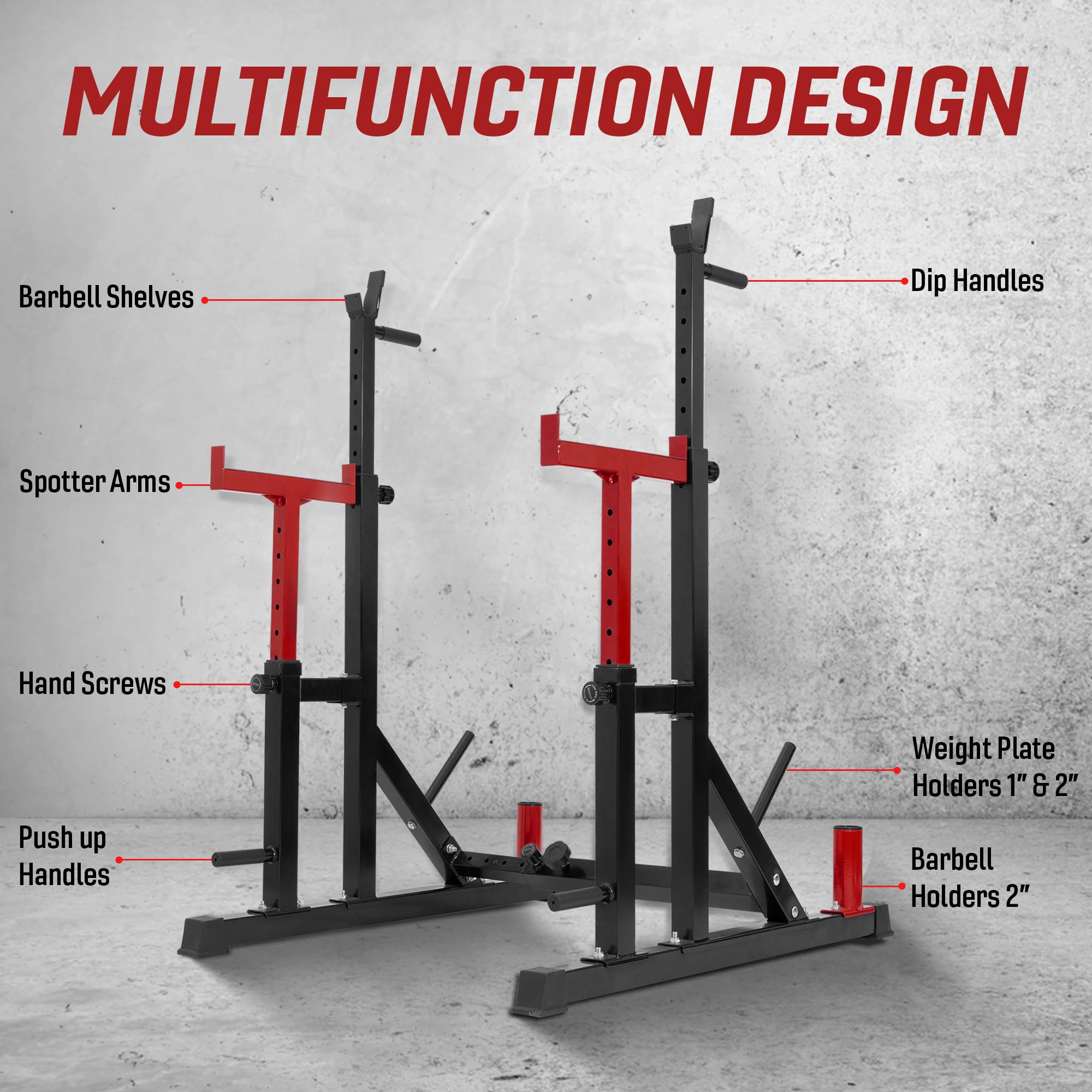 Yes4All Adjustable Squat Rack for Home Gym - 600LBS Capacity Barbell Stand with Weight Plate Storage, Multi-Function Power Rack for Bench Press, Weight Lifting & Dip Bar Workouts - Perfect for Garage Gym & Strength Training