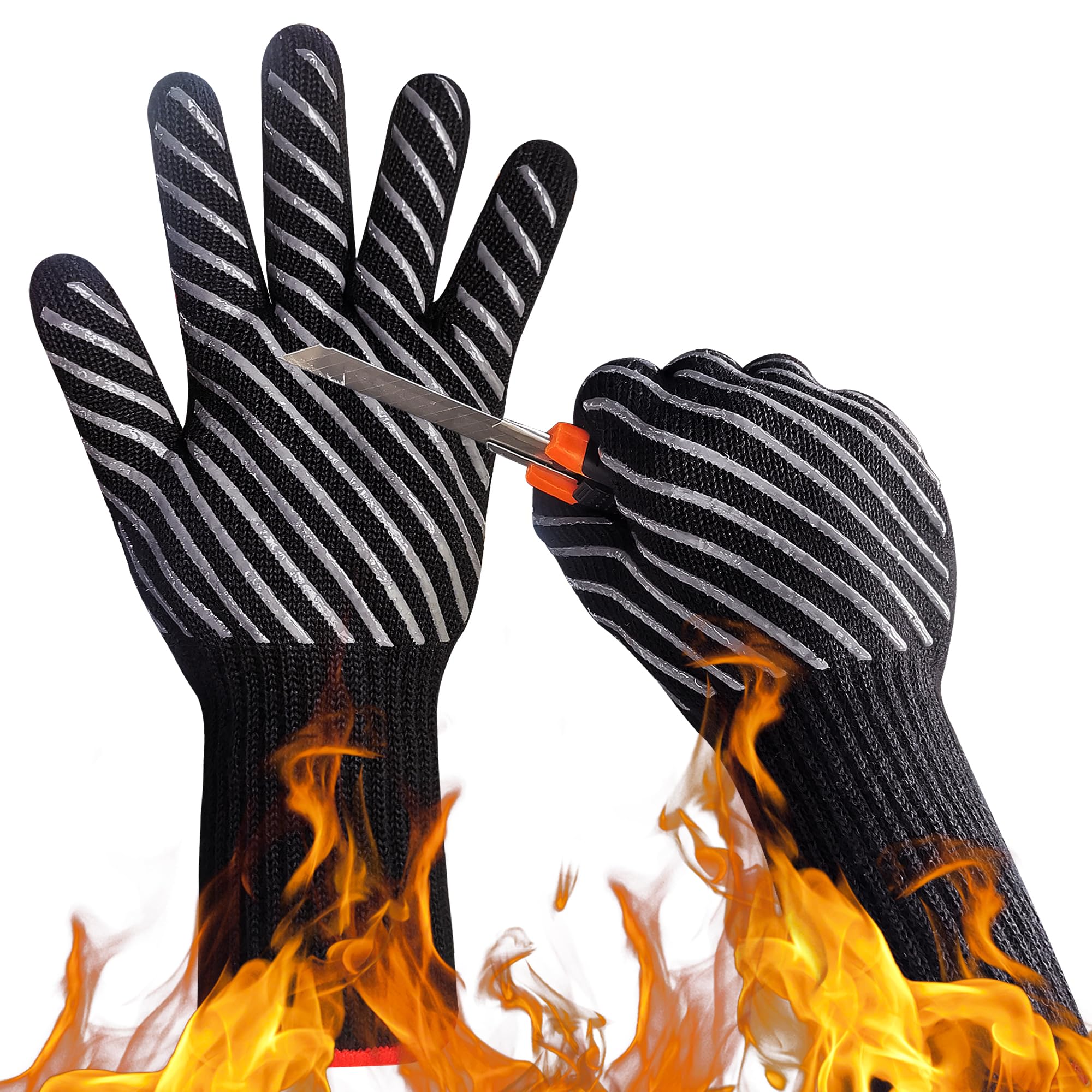 Heat Resistant BBQ Gloves for Grilling & Cooking - 1472℉ Oven Mitts with Silicone Grip & Aramid Cotton Lining - Long Cuff Protective Gloves for Chefs, Baking, Outdoor BBQ & Kitchen Use - Perfect for Camping, Backyard Parties & Professional Kitchens (Black, Large)