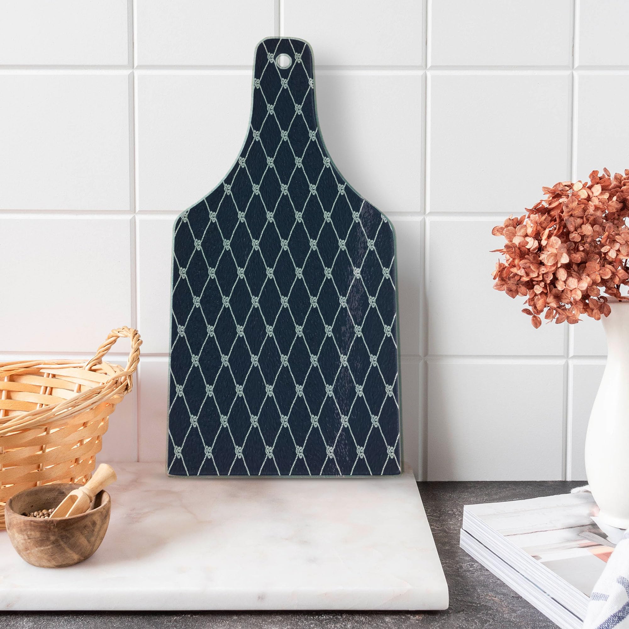 Ambesonne Navy Blue Tempered Glass Cutting Board - Classic Yacht & Sea Theme, Decorative Serving Board with Wine Bottle Shape, Dark Blue & White Design - Perfect for Kitchen Prep, Charcuterie, Cheese Platters & Entertaining