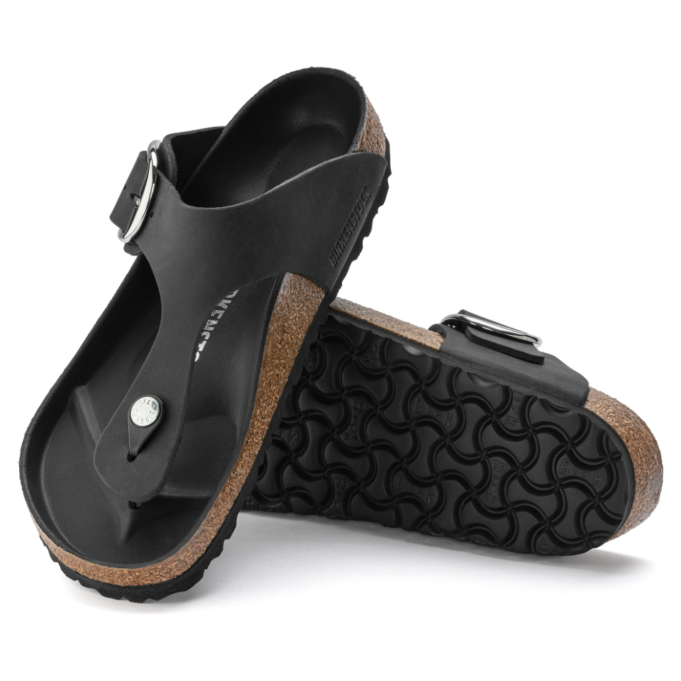 Birkenstock Women's Gizeh Big Buckle Sandals - Black Oiled Leather - Comfortable Arch Support for Walking, Travel & Casual Wear
