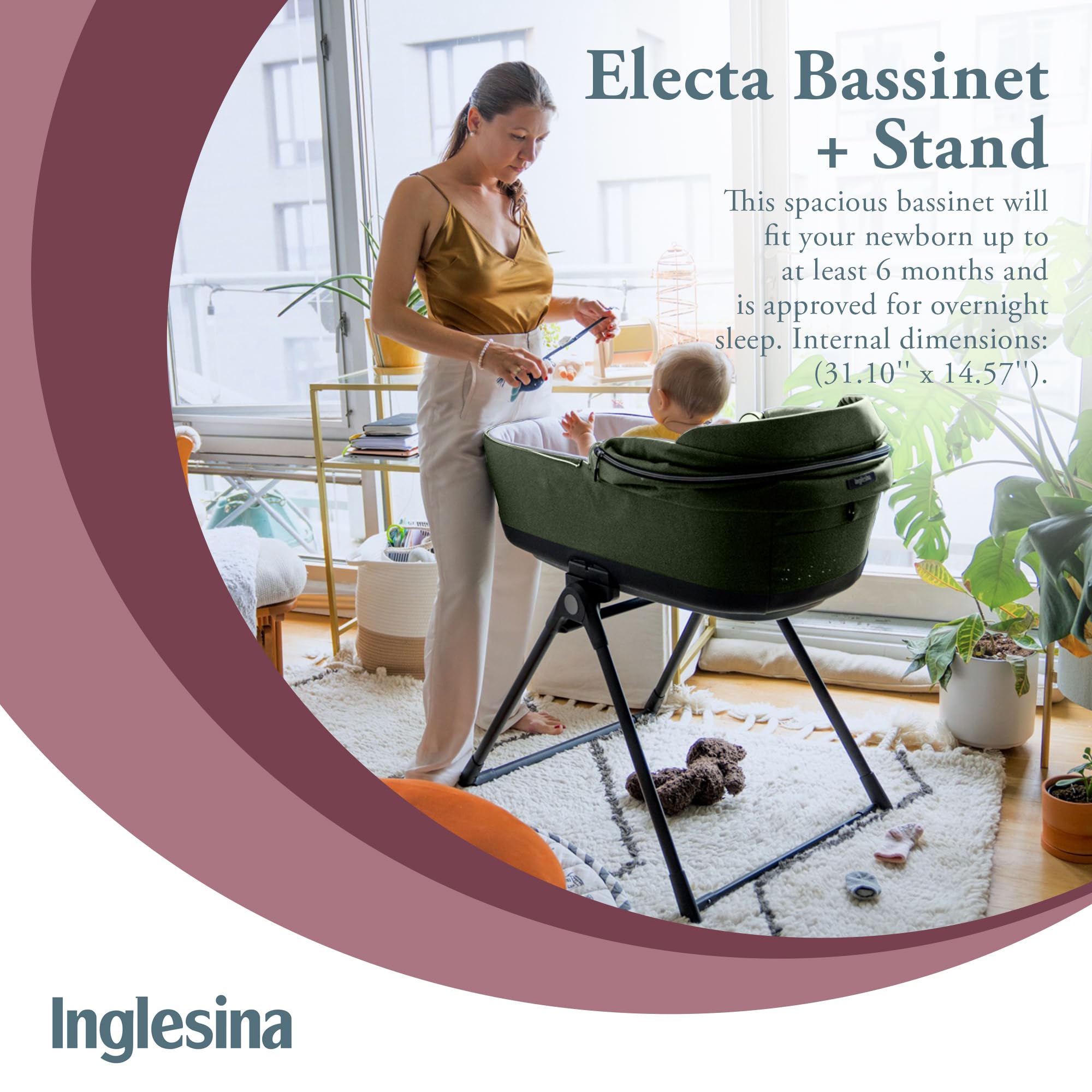 Inglesina Electa Bassinet & Stand for Newborns & Babies up to 6 Months - Portable Crib with Ventilation System, Cover & Canopy - Compatible with Electa Stroller - Tribeca Green - Perfect for Overnight Sleep, Nursery & Travel Use