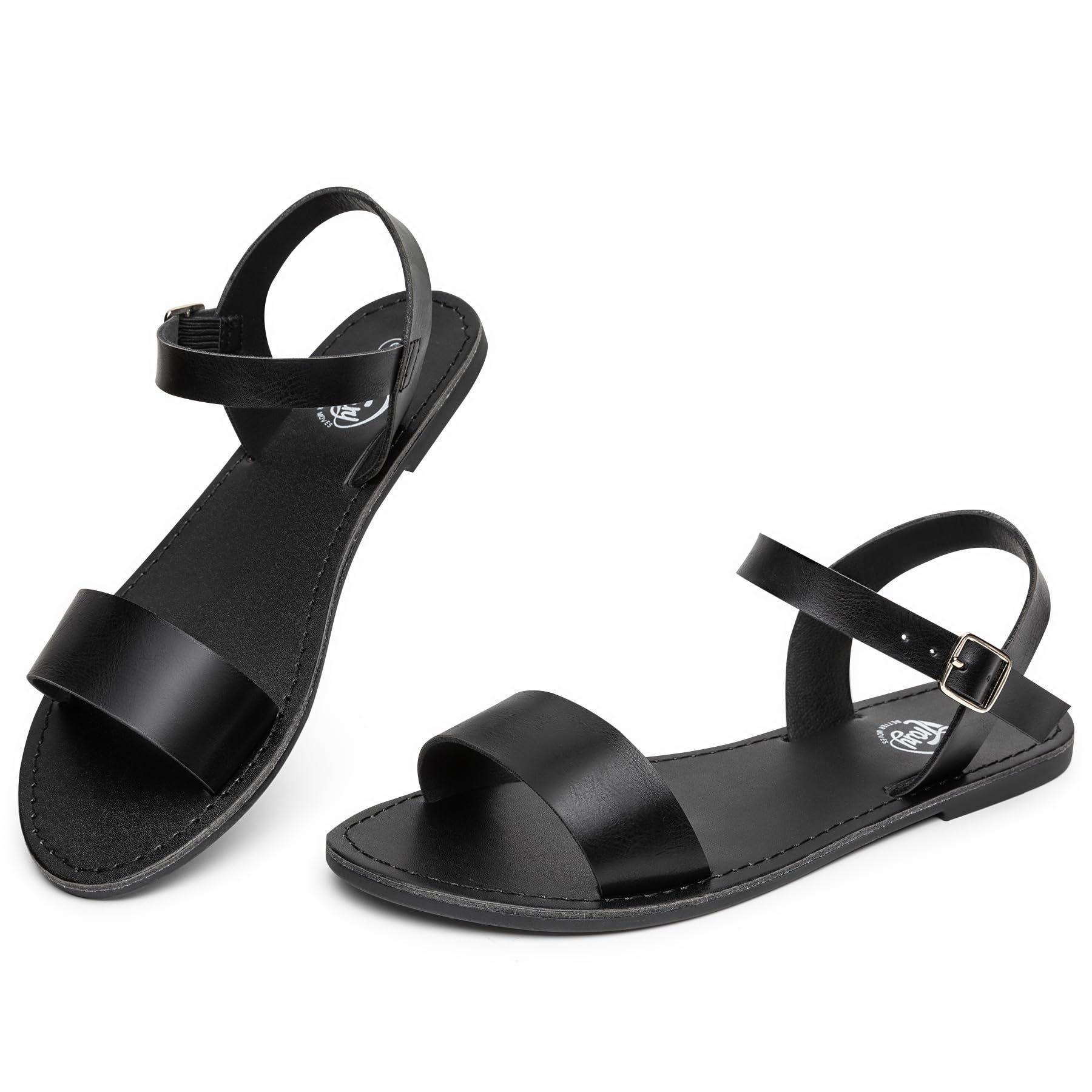 Stylish Women's Leather Gladiator Sandals with Adjustable Metal Buckle - Two-Tone Open-Toe Summer Sandals for Weddings & Dressy Occasions | Comfortable Ankle Strap Flat Sandals for Women