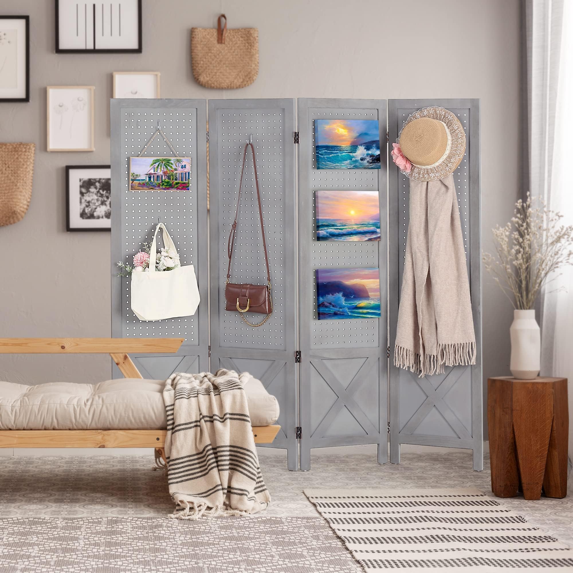 Wnutrees 5 Ft Wood Folding Privacy Screen - 4 Panel Pegboard Room Divider, Freestanding Display Board for Craft Shows, Art Exhibitions, Retail Stores & Events | Rustic Barnwood Grey Wall Organizer | Perfect for Home Office, Trade Shows & Classroom Partitions