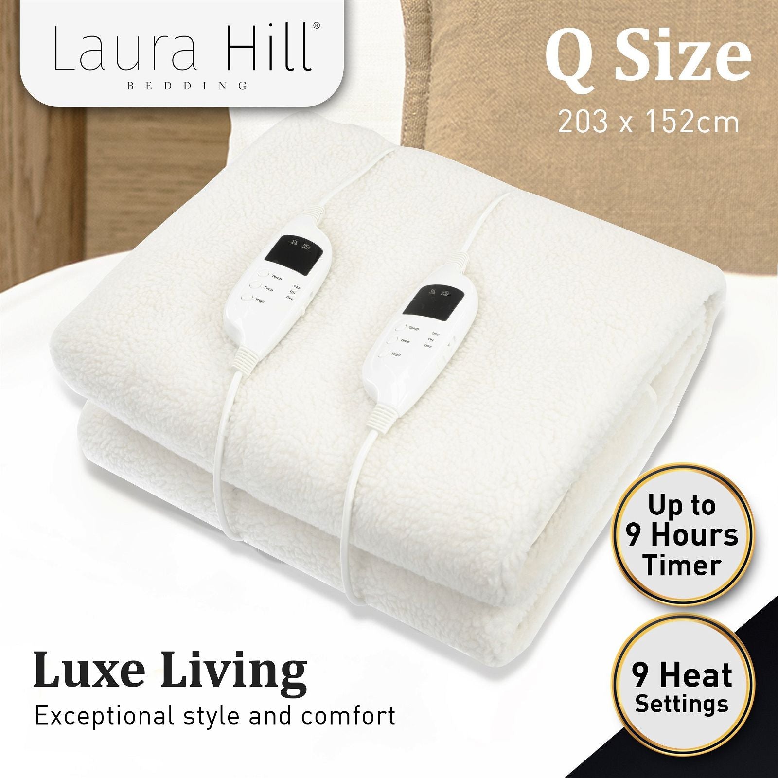 Laura Hill Electric Heated Blanket - Queen Size Fleece Warming Blanket with 9 Heat Levels & Auto Shut-Off - Perfect for Cold Winter Nights & Cozy Bedroom Comfort
