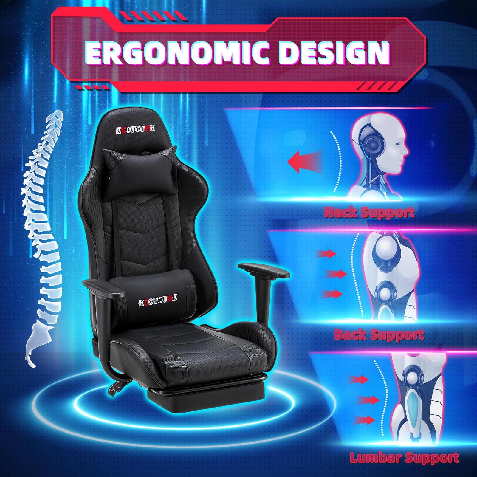 ECOTOUGE Ergonomic Gaming Chair with Footrest - PU Leather PC Massage Office Desk Chair, Recliner Swivel Rocker with Adjustable Headrest & Lumbar Support - Black - Perfect for Gaming, Working & Relaxing at Home