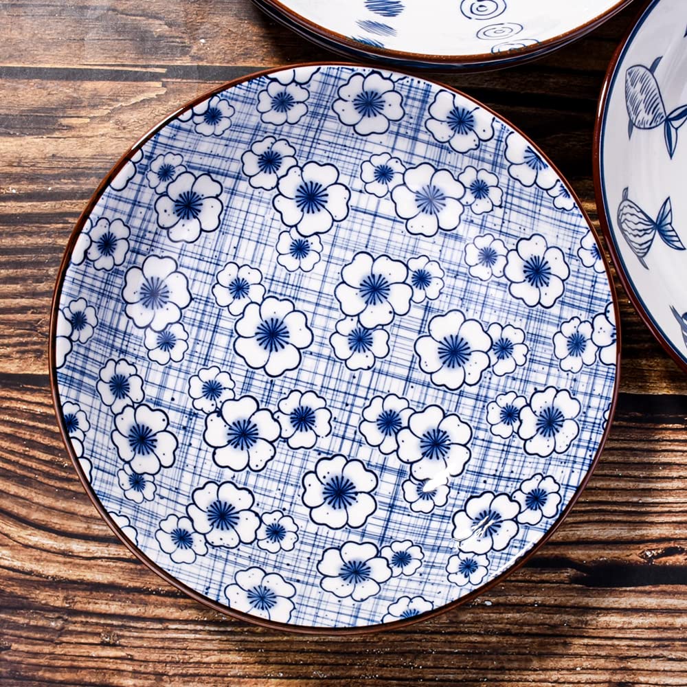 Ceramic Dinner Plates Set of 4 - Blue and White Floral Pasta Bowls, Salad & Dessert Plates | Microwave & Dishwasher Safe | Perfect for Pasta, Appetizers, Snacks & Family Dinners